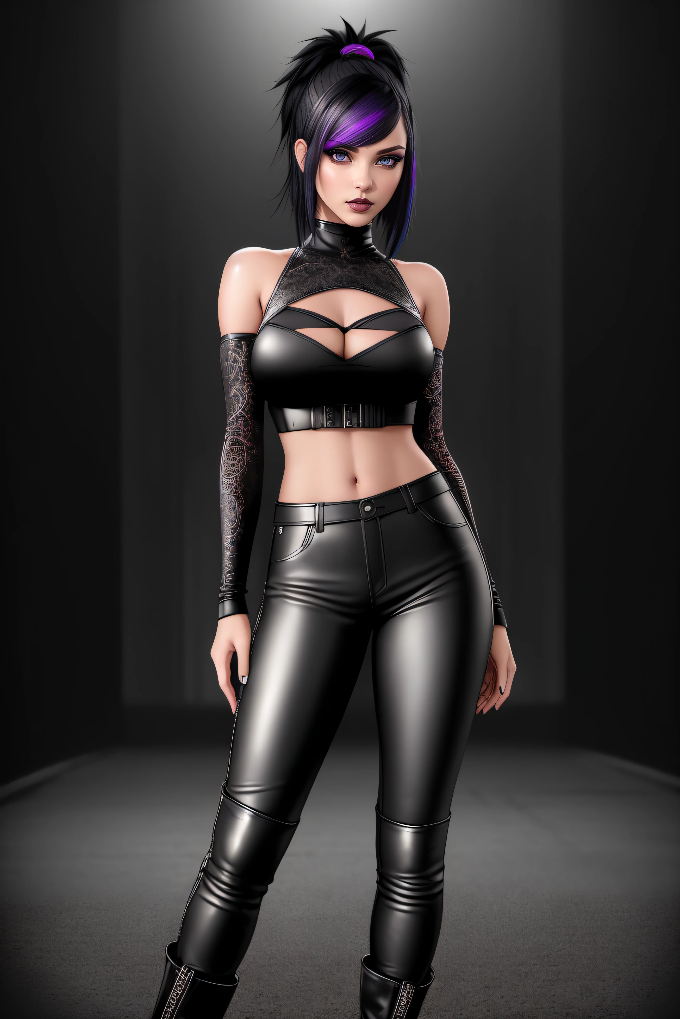 beautiful girl, ((standing:1.4)), (confident gaze:1.1), full body, short bright neon streaked black hair, ((realistic highly detailed eyes:1.4)), ((seductive pose:1.2)), black eyeshadow, (street style wear:1.2), ((tight fitted pants)), ((knee high leather boots)), (dark city night black background:1.4), dark makeup, digital art, trending on artstation, highly detailed, fine detail, intricate, detailed facial features, sharp focus, smooth, aesthetic,