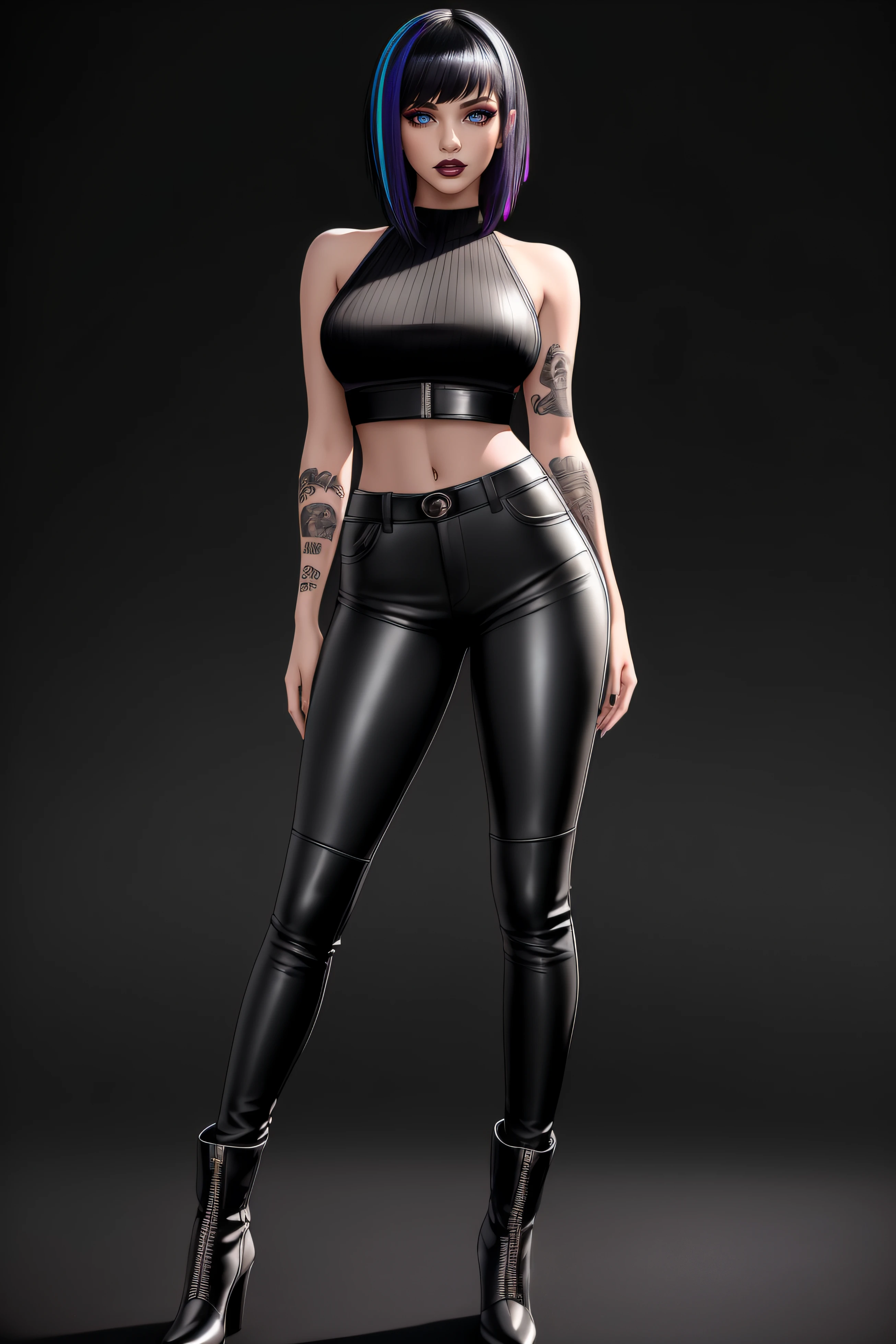 beautiful girl, ((standing:1.4)), (confident gaze:1.1), full body, short bright neon streaked black hair, ((realistic highly detailed eyes:1.4)), ((seductive pose:1.2)), black eyeshadow, (street style wear:1.2), ((tight fitted pants)), ((knee high leather boots)), (dark city night black background:1.4), dark makeup, digital art, trending on artstation, highly detailed, fine detail, intricate, detailed facial features, sharp focus, smooth, aesthetic,