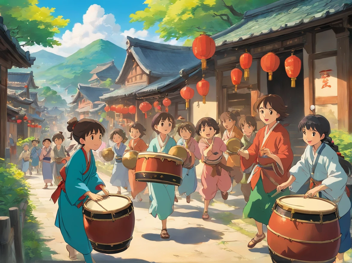 The came to the Zhuang village,People are beating copper drums,The whole village is filled with a festive and convivial atmosphere。
