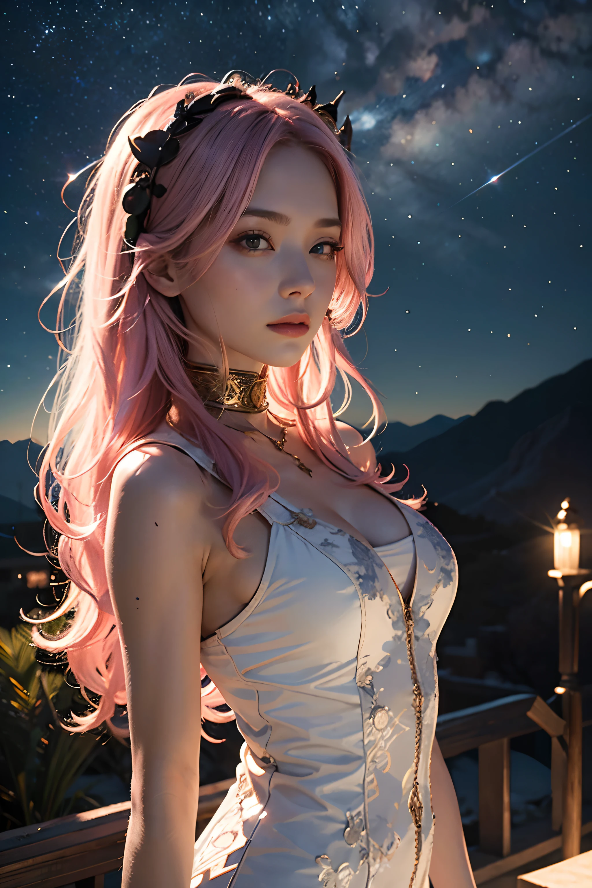 1 beautiful woman，Long pale pink hair，Long flowing hair，Outdoor starry sky，meteors，（RAW photos，best qualtiy），（realisticlying，photograph realistic：1.3），best qualtiy，highly  detailed，tmasterpiece，Hyper-detailing，illustratio，1girll，The upper part of the body，dynamic angle，Masterpiece Theatre of the World，Messy_Long_Hair，best qualtiy，extremely detailed CG unity 8k wal，ink，astounding，cinmatic lighting，lens_flare，，dunhuang_Style