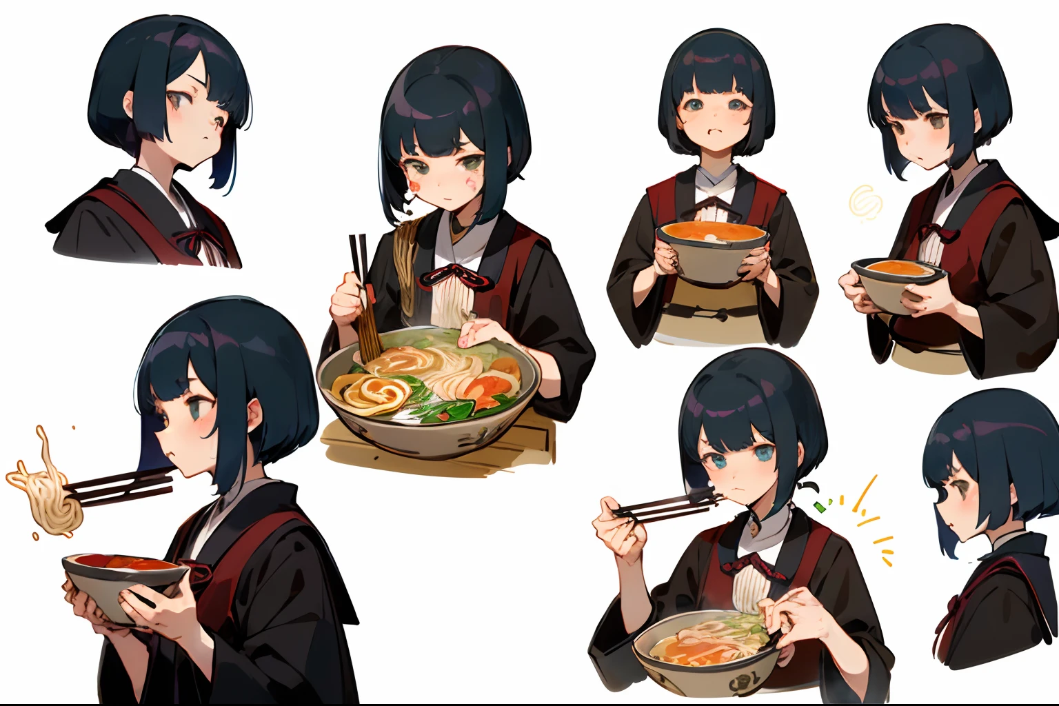 (masterpiece, best quality), 1girl, anime character expression sheet, (draw 4 poses of eating Japanese ramen, 4variation in 1sheet:1.2), draw only upper body for each cut,
BREAK,
expression variation, (praying hands before eat:1.34), (breath blow on noodles for cooling:1.2), (eating ramen noodles using chopsticks:1.46), (grab the ramen bowl and sip the ramen soup:1.2),
BREAK,
girl, age15, 160cm tall, slender, medium bob brunette hair, large slanted eyes, school uniform, (simple white background, only characters are colored:1.3),