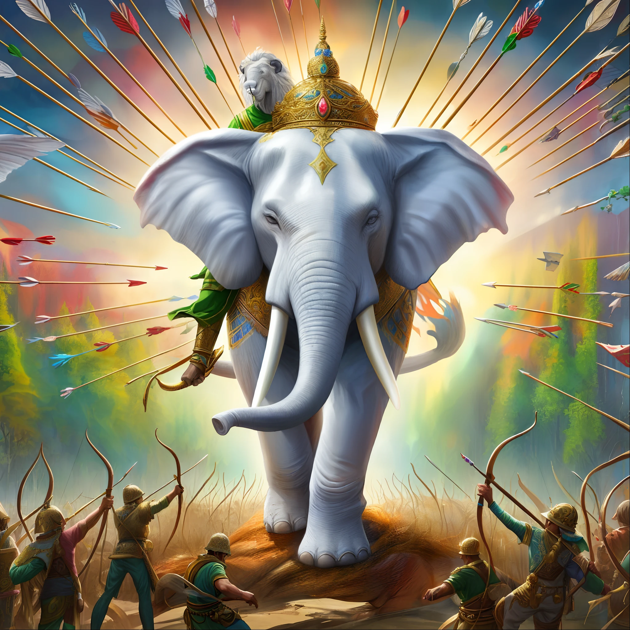 painting of a large elephant with a crown on its head surrounded by people, an enormous elephant king, an elephant king, symmetrical epic fantasy art, focus on the elephant, a beautiful artwork illustration, epic surrealism 8k oil painting, archan nair, triumphant, colored elephant art, awesome, by Jason Benjamin, by Ron English, award - winning epic painting