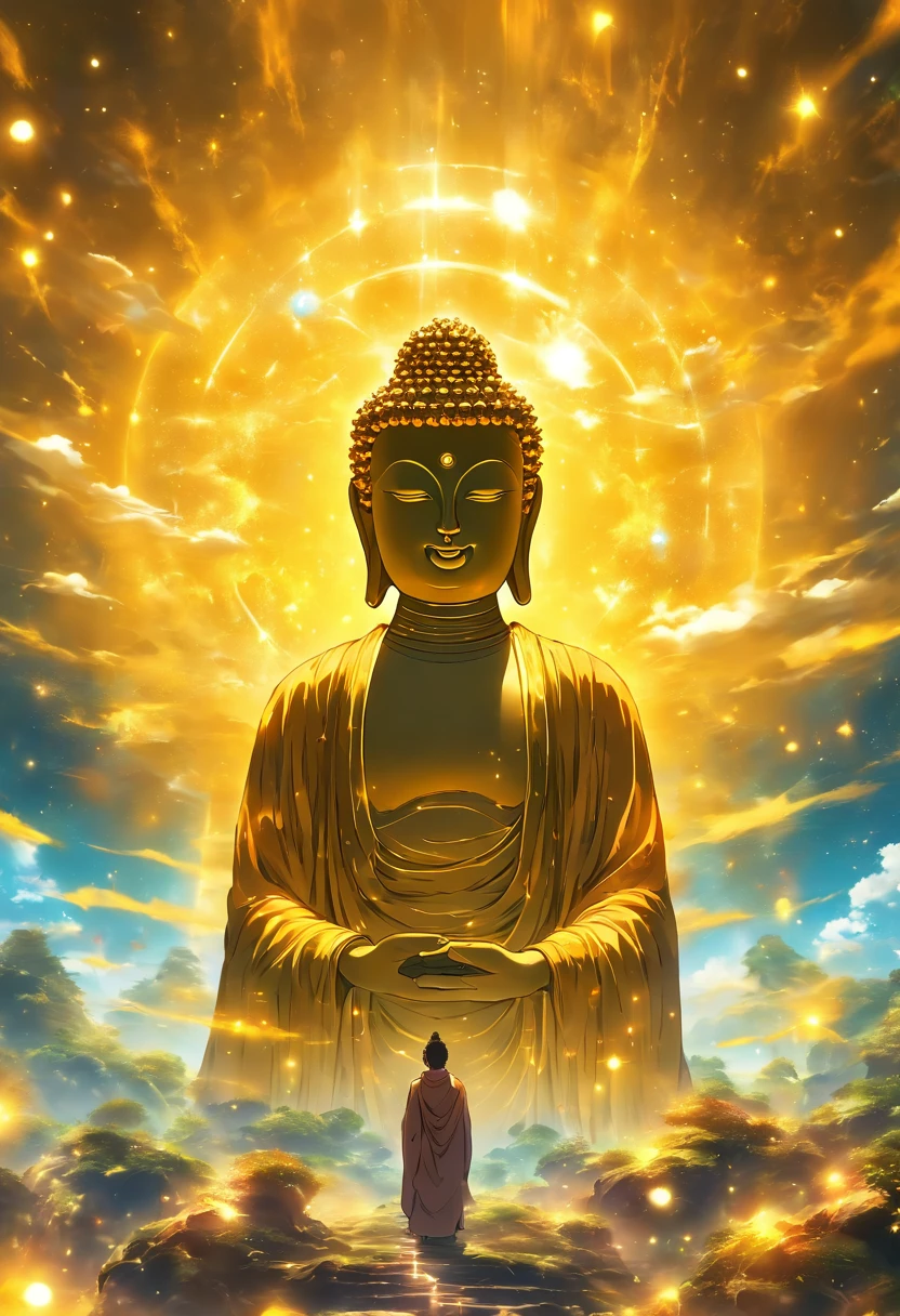 Giant transparent Buddha head looking at yellow planet in space soil,glow effect,OC rendering,Facial Shield