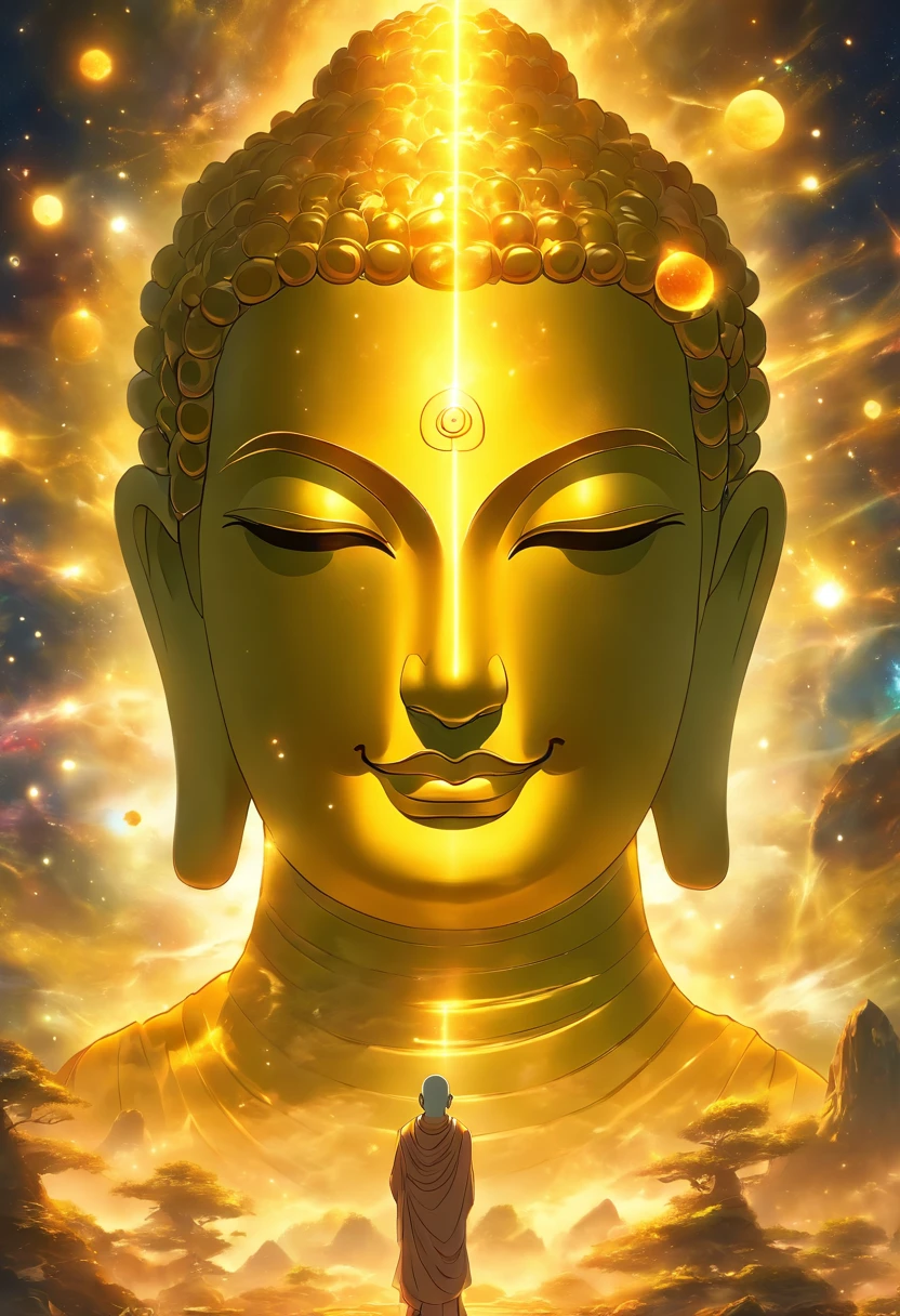 Giant transparent Buddha head looking at yellow planet in space soil，glow effect，OC rendering,Facial Shield