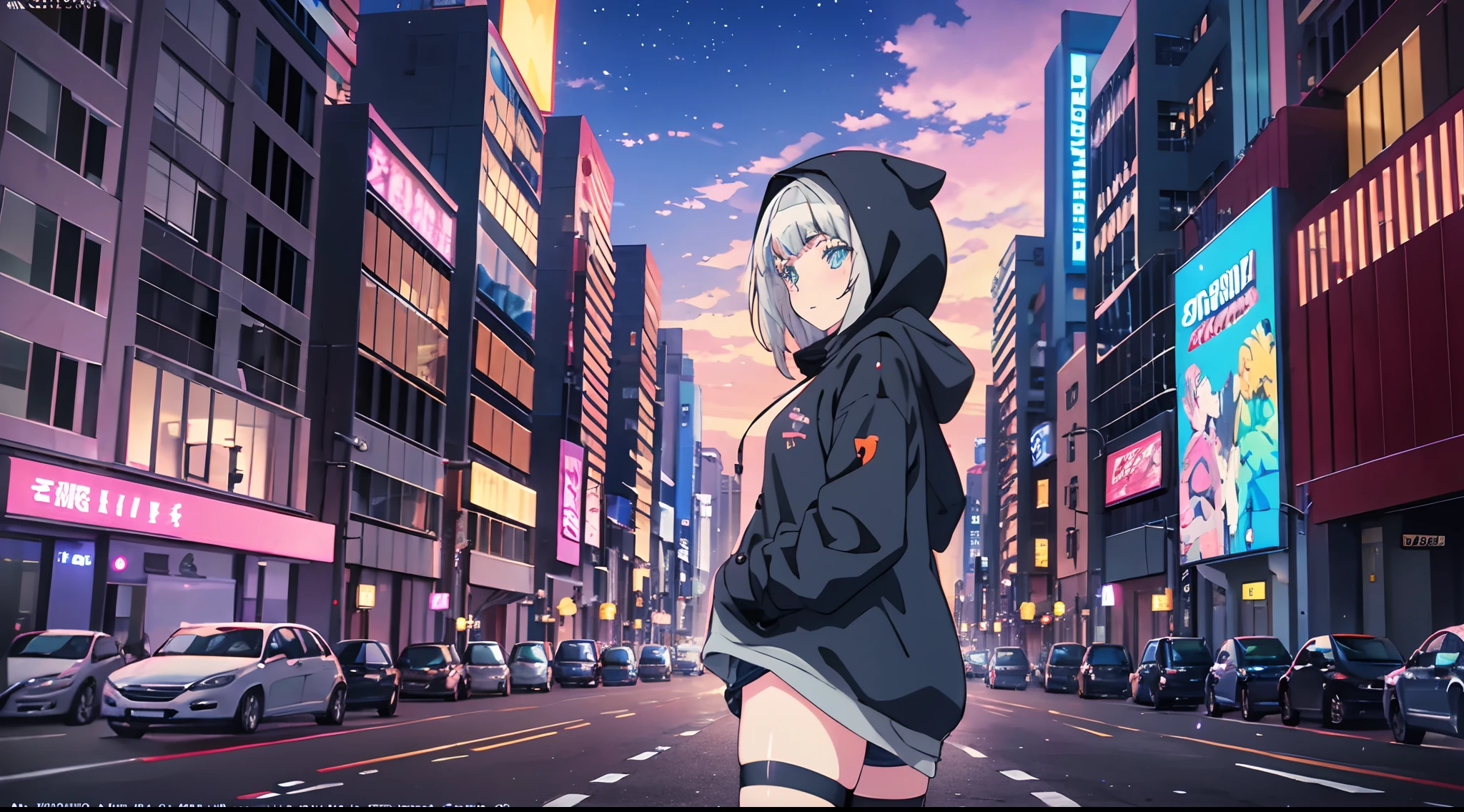 Neon Night Street in the Sky, vivd colour, anime style 4 k, best anime 4k konachan wallpaper, badass anime 8 K, anime moe art style, 4k anime wallpaper, Anime art wallpaper 8k, 4 k manga wallpaper, anime art wallpaper 4k, anime art wallpaper 4k, anime wallpaper 4k, anime wallpaper 4 k,one girls,Wearing a large hoodie,face perfect,perfect bodies.