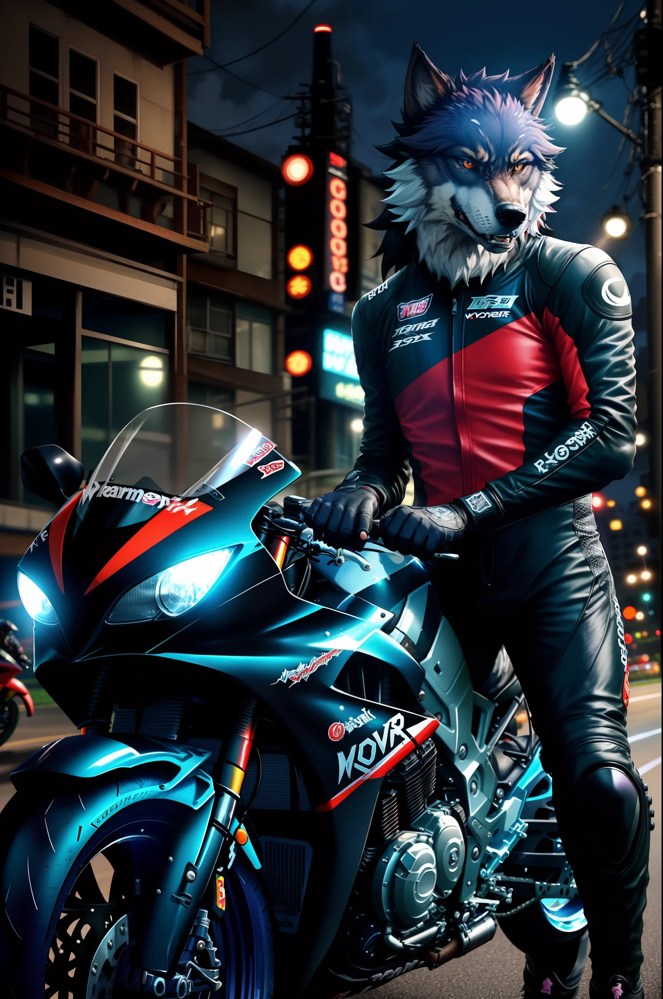 Gay werewolf lover who seems to be a good friend of a motorcycle rider in a full-body racing suit2a person。My friend I'm a dog beastman who looks at me lonely。Anime style