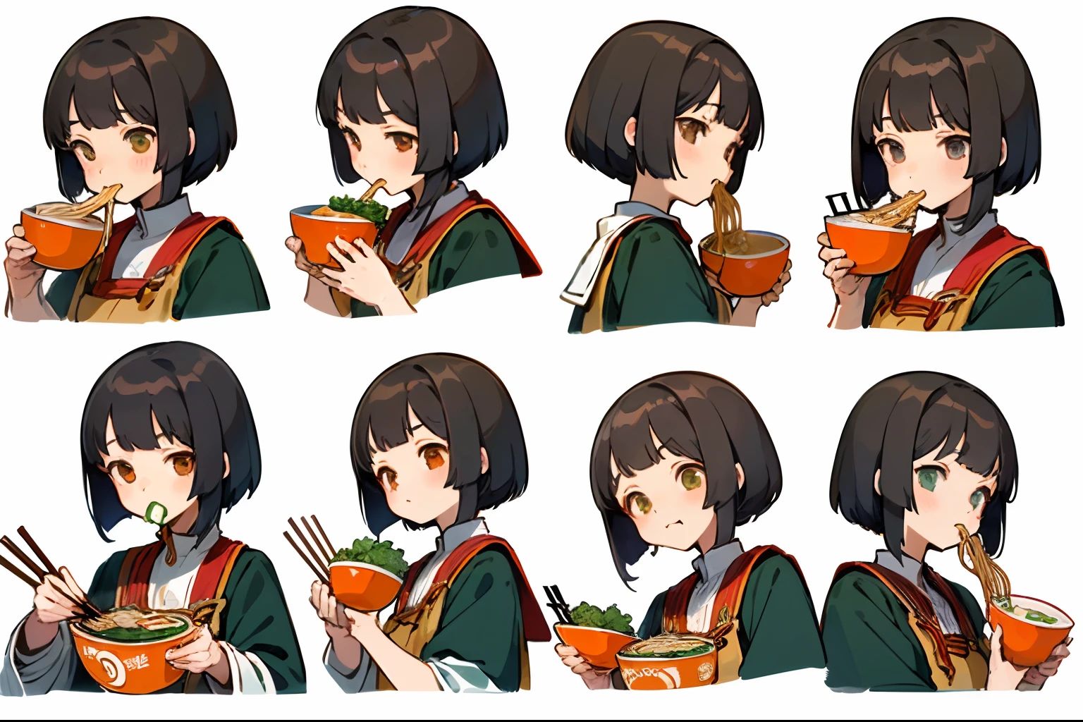 (masterpiece, best quality), 1girl, anime character expression sheet, (draw 4 poses of eating Japanese ramen, 4variation in 1sheet:1.2), draw only upper body for each cut,
BREAK,
expression variation, (praying hands before eat:1.34),  (breath blow on noodles for cooling:1.2), (eating ramen noodles using chopsticks:1.46), (grab the ramen bowl and sip the ramen soup:1.2),
BREAK, 
girl, , 160cm tall, slender, medium bob brunette hair, large slanted eyes, school uniform, (simple white background, only characters are colored:1.3),