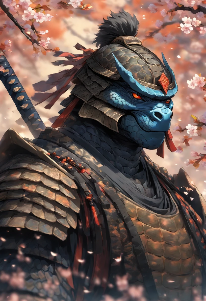 The most brave and noble turtle samurai warrior, blue eyes, incredibly detailed black samurai armor with mounted sashimono war flag, cherry blossoms blowing in the wind, perfect masterpiece, high quality, high resolution, orange color