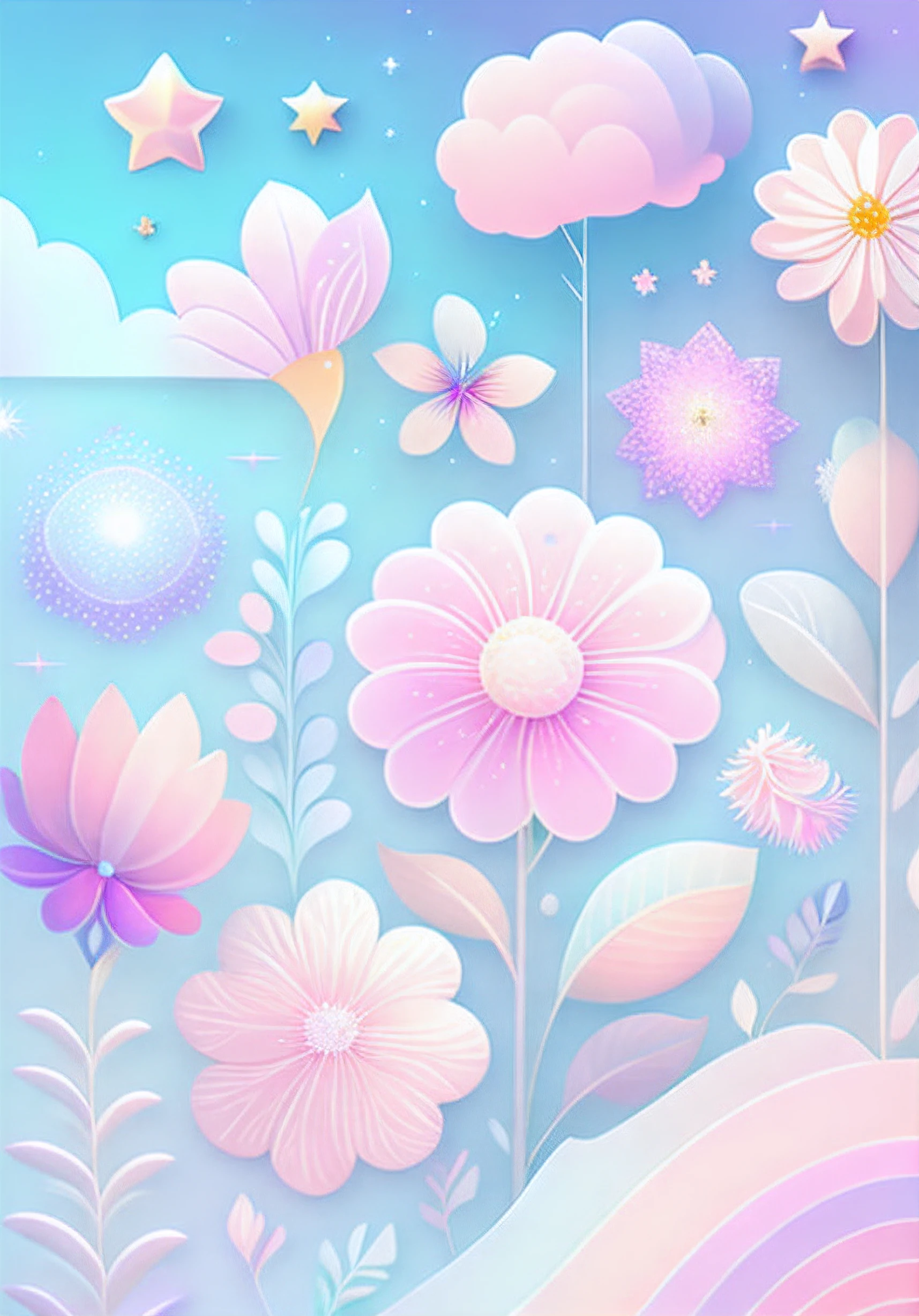 "Various flowers, cartoon illustration, sky in a gradient of pastel colors with twinkling stars. Immerse yourself in a mystical world full of magical elements (weighted at 0.9)."