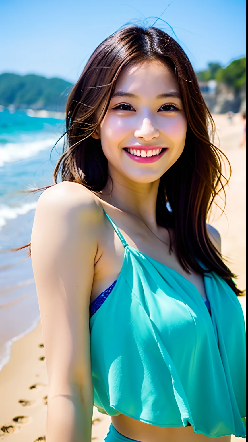 1 attractive、((highest quality、8K masterpiece:1.3))、sharp focus:1.2、(super beautiful face:1.0)、(shiny skin:1.0)、realistic pictures、black haired、video writing、High resolution eyes and face、video writing、(cute korean actress)、from the front、beautiful breasts、smile、The beauty of slender abs、whole body、Wearing a see-through T-shirt、on the beach at night