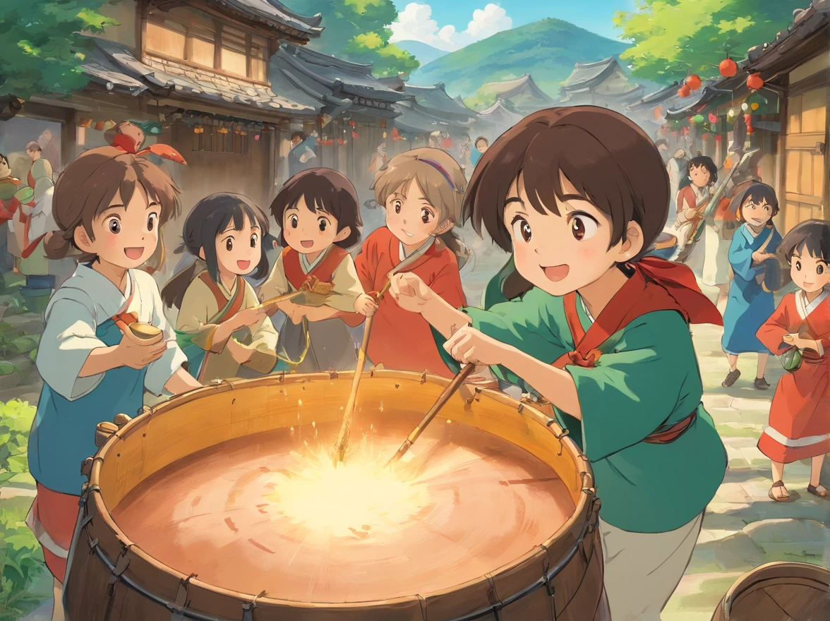 The came to the Zhuang village,People are beating copper drums,The whole village is filled with a festive and convivial atmosphere。
