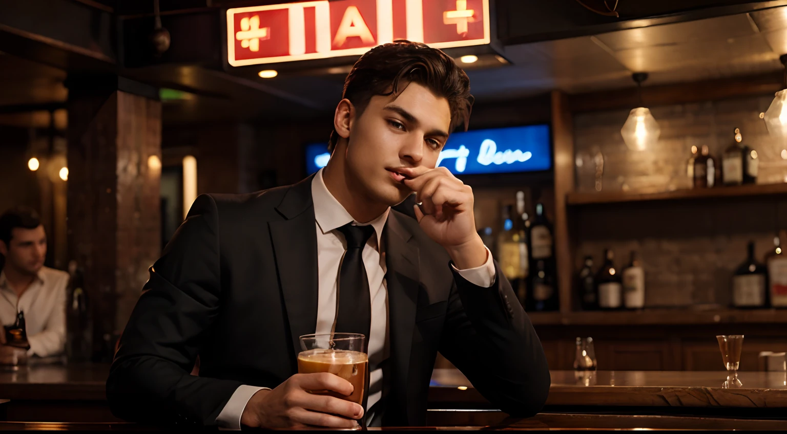 Scenery of a very chic party, with several guests drinking and dancing in the party's neon lights, a young white man, short straight black hair, dark eyes with thick lashes, slim, wearing a party tuxedo, holding a glass of champagne that flows a dark red liquid, realistic, photo, digital art