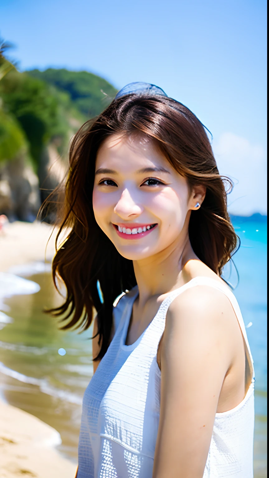 of the highest quality, One beautiful woman, Summer Fashion, in beach, Smile, F/1,