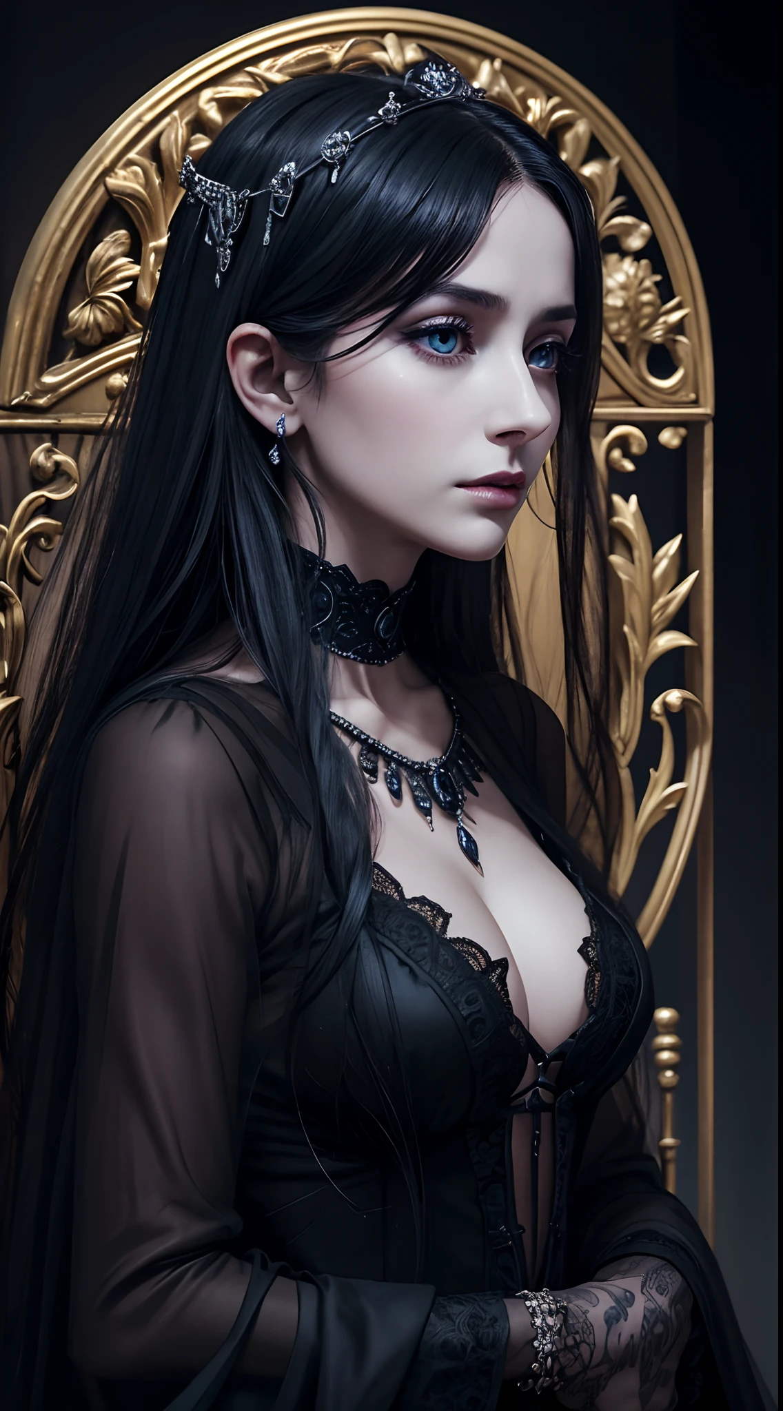 Black and blue tones、Hell、purgatory、candelabra、Mozart's Requiem、Mystical、horor、gotik、darkness、karo、badas、epidemic、ruler、Pitch Black Darkness、hopelessness、lamentation、oppression、nothingness、intense cold、Black Ghost、Adult female mature woman in her 40s、Queen of the Dead、Persephone、lilith、hades、Greatest Awe、Immortal、draconian、dignity、Awe-inspiring Hall々、Proud、noble、dignity、solemnity、Bewitching、Chaste and lascivious cohabitation、hatred、obsession、jewely、ruthless、greed、Lack of warmth、3-point live method、Oil Painting、Best Quality、hight resolution、foco nítido、Perfect Angle、perfect-composition、From Side、Portrait of Queen D，Highly detailed footage of the Queen of the Dead，Stunning portrait of the Queen of the Exparted，Portrait of the Queen of the Dead，Full body close-up of the Queen of the Dead