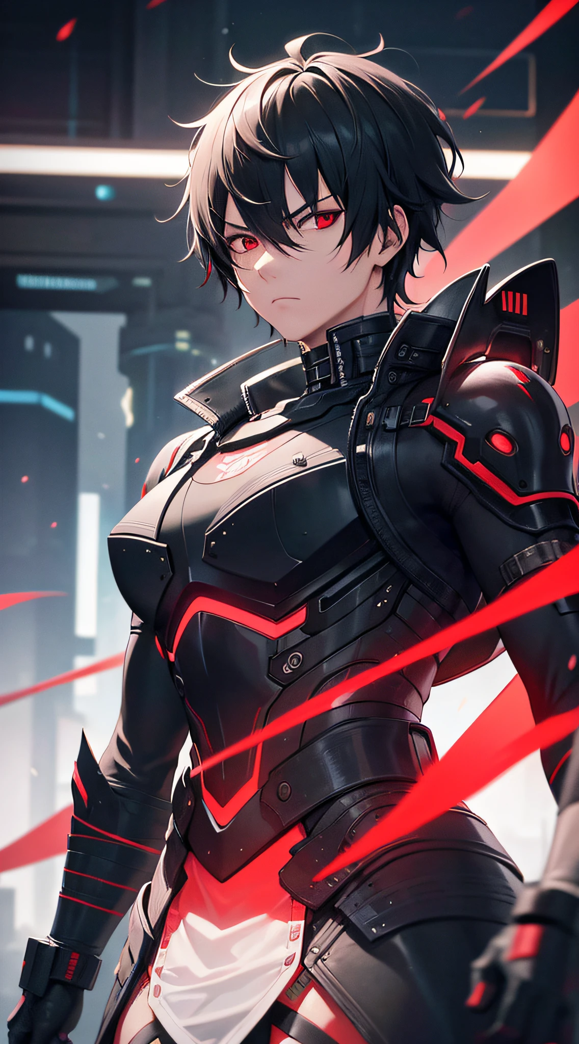 8k, masterpiece, detailed image, hyperdetail, expressive clothing, expressive hair, expressive background, 1male, black short hair, red eyes, sharp eyes, serious expression, cyberpunk, cybernetics, matrix, samurai, techcore, traumacore, head to legs