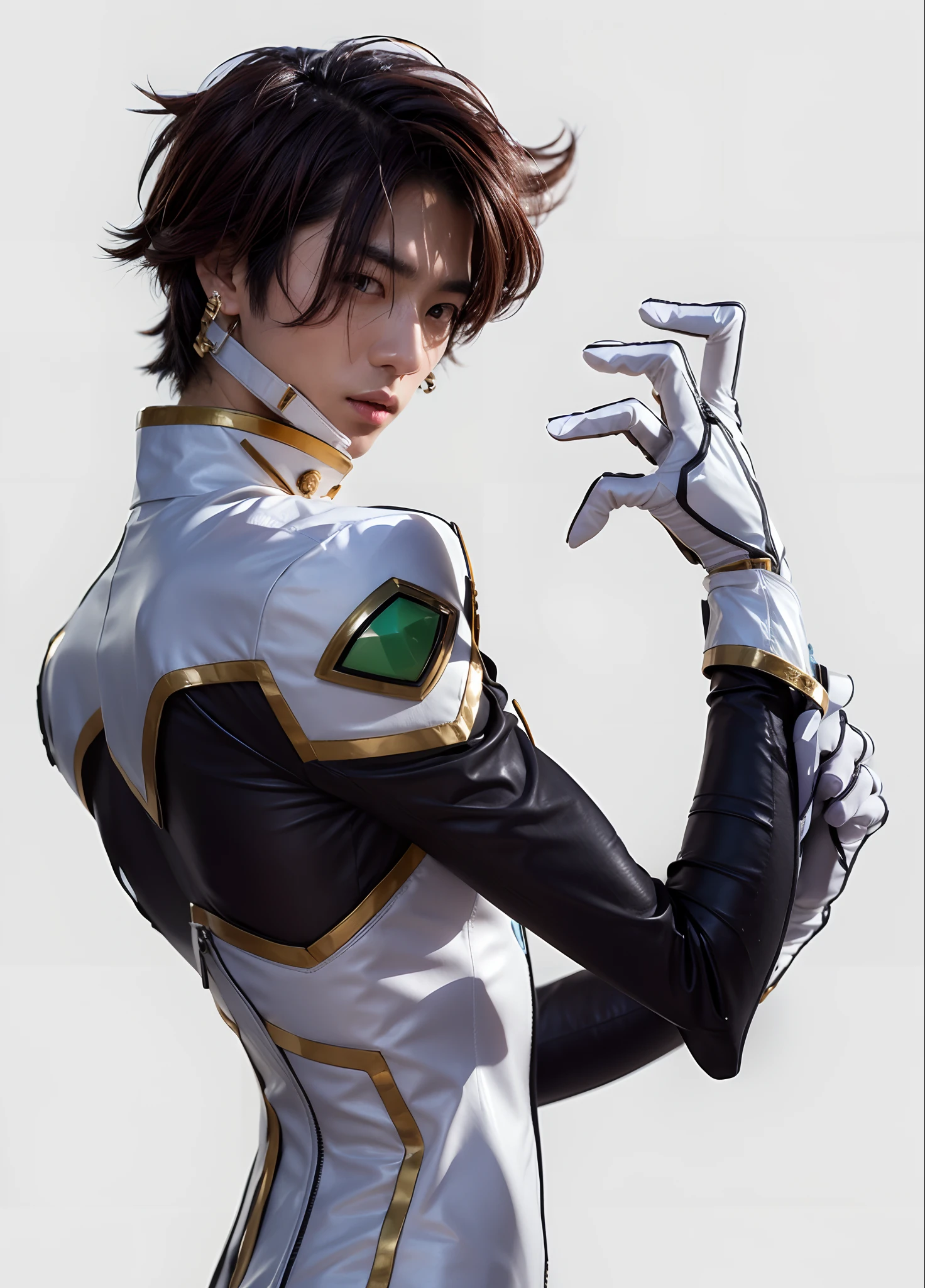 Japanese Male Character, Manly traits, cabelos castanhos, Comunicador cor no ouvido, White and black leather jumpsuit with gold accents, Wearing white gloves