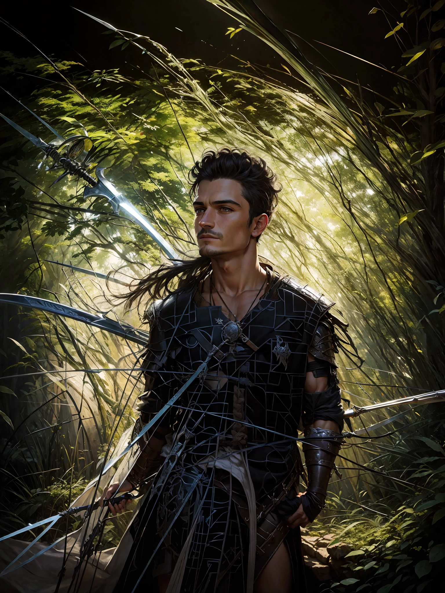 Orlando Bloom con una armadura cruzada, cruzado, caballero medieval, sosteniendo una espada templaria, Obra maestra, Disco duro, retrato, 1 hombre, Mirando al frente, solo,