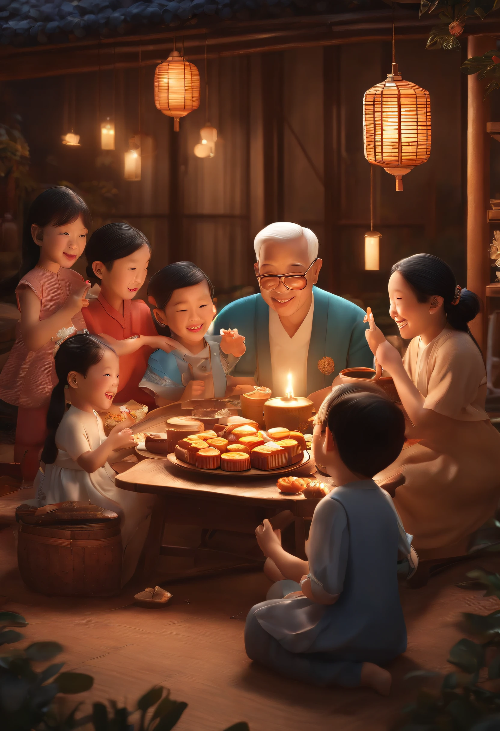 (top-quality、8K、tmasterpiece:1.3)、Full moon and stars in sky illustration,The family sits together eating mooncakes,Mom and dad laugh with the kids,Grandpa and grandma laughed together, Have in the living room、Bright house scene,extremely detailed face and skin,Heartwarming scene,perfect detail