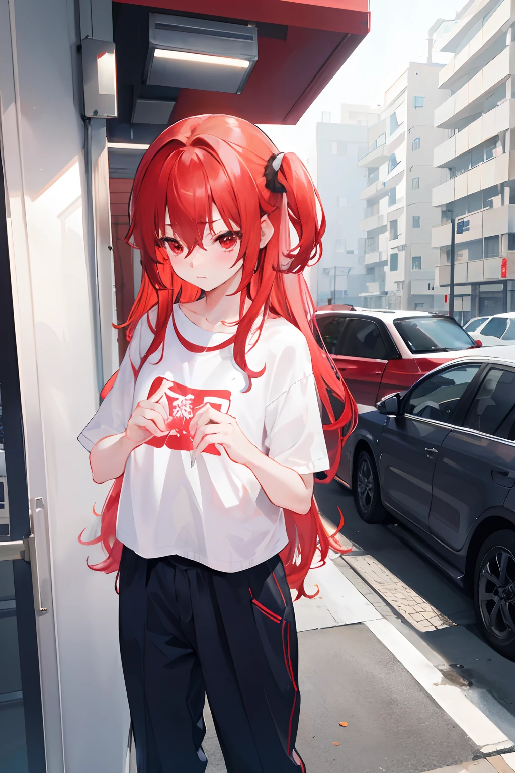 Peeing、Girl with long hair and underwear、A girl goes to the toilet、Look away、It stands、embarrassed from、Blushing、Red hair and red eyes、Keep your mouth shut、A street(The girl is peeing):0.4)、Liquid in pants