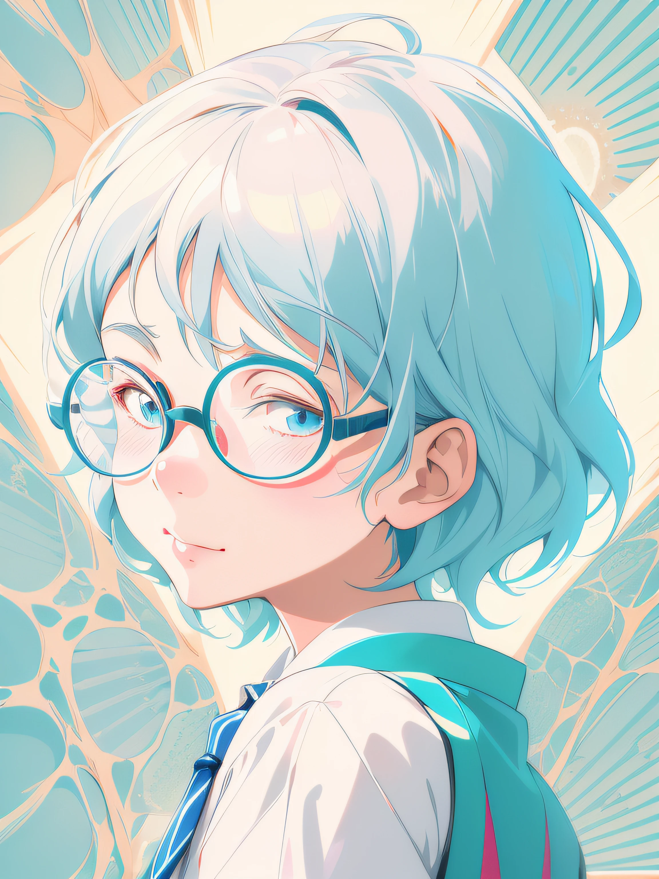 There is a cartoon image of a boy wearing glasses and tie, Digital anime illustration, Guviz-style artwork, Soft anime illustration, Girl with short white hair, pixar and ilya kuvshinov, clean and meticulous anime style, Flat anime style, Girl with glasses, lovely art style, Digital Art Ilya Kuvhinov, Anime style portrait