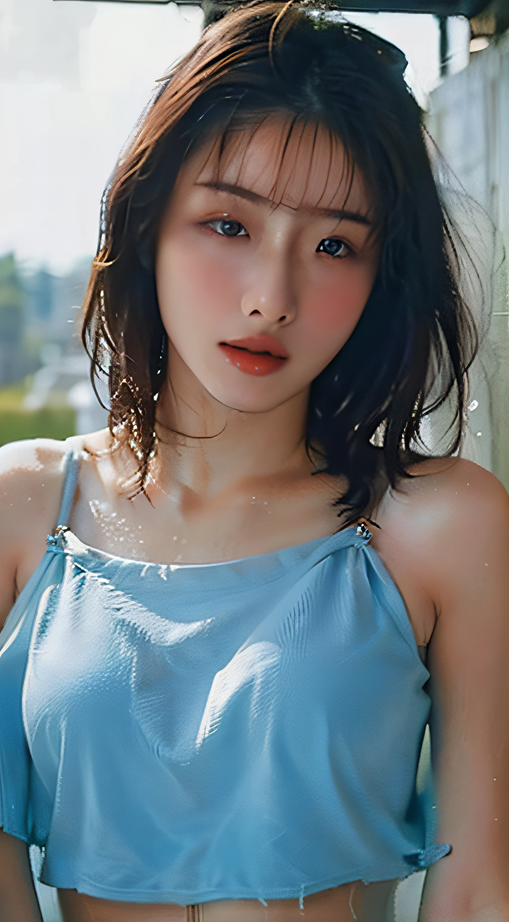 a beautiful japanese college girl with some freckles on her face inspired by hamada hideyaki shot by contax g1 with portra 800 film roll, ((short hair)), ,((intricate scenery)),(), ((sun rays)), ((front view:1.4)), ((wet))