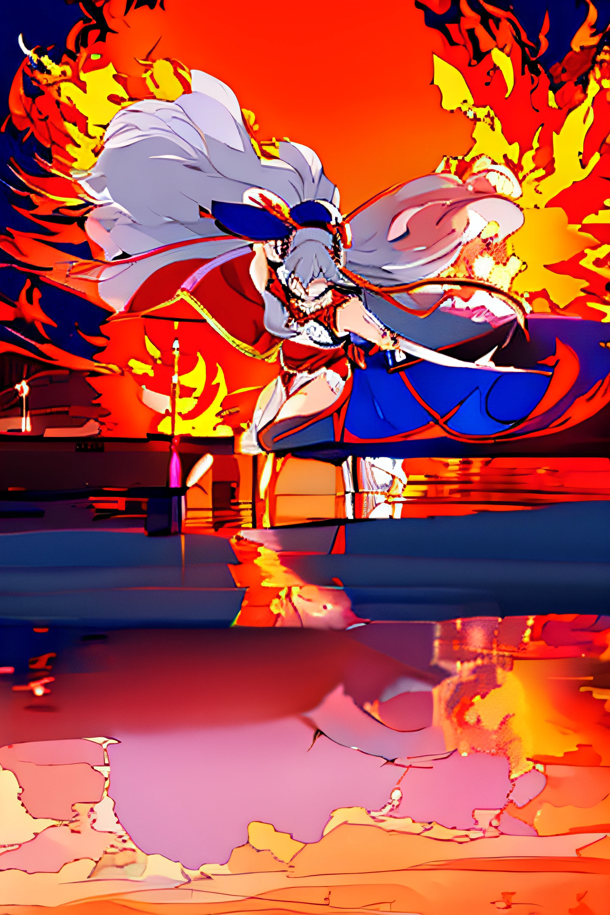 side ponytail, umbrella, 1girl, Surrounded by flames, action shot, unity, 4k, phoenix, 1girl, animal_ears, bare_shoulders, breasts, burning, dress, explosion, fire, flame, holding_sword, long_hair, oil-paper_umbrella, parasol, grey_hair, solo, orange_kimono, very_long_hair