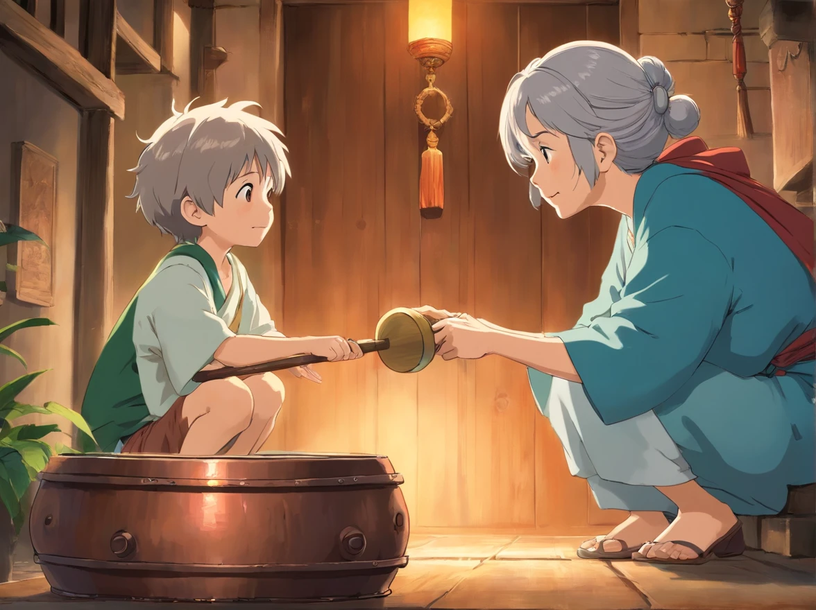 The little boy talks to the grandmother face to face，The grandmother's hand stroked the elderly copper drum。