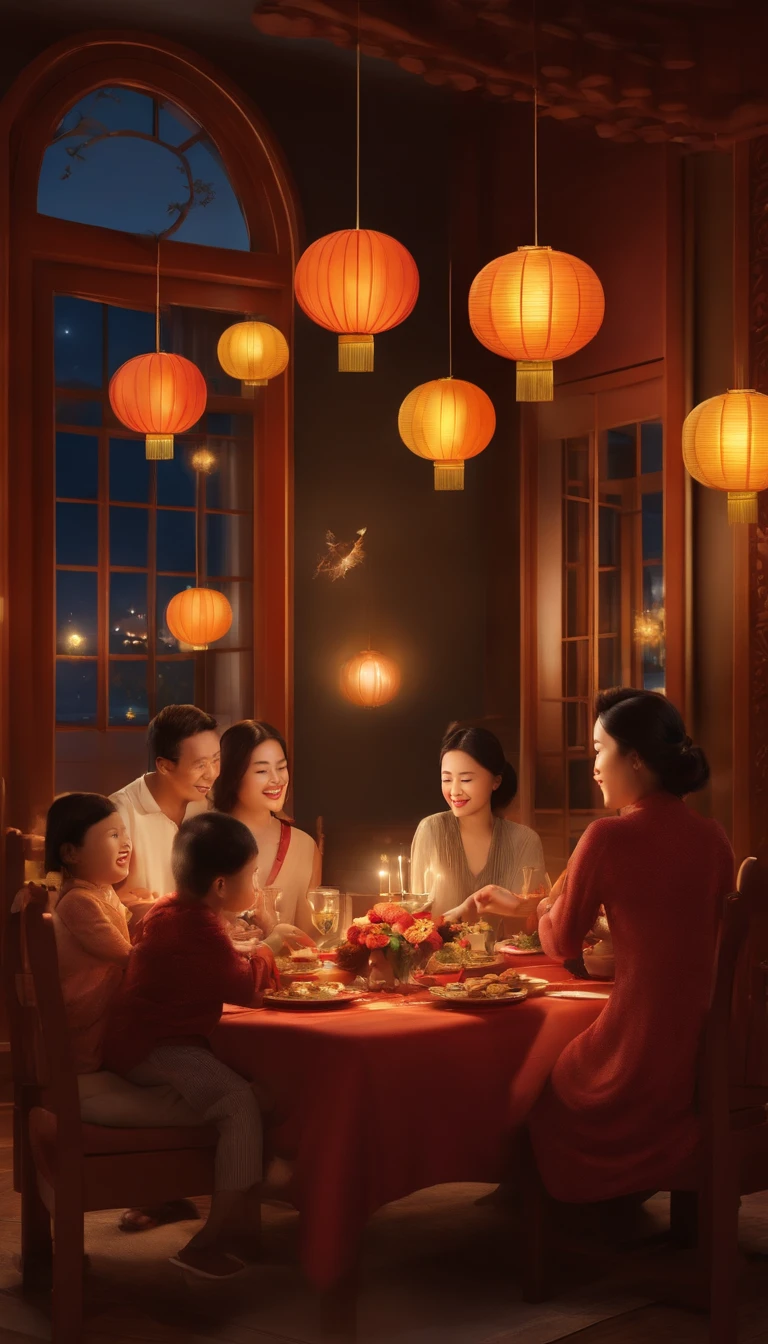 The family sits together, Have a enjoying a festive dinner, Surrounded by a warm and comfortable atmosphere. The room was beautifully decorated,Equipped with lanterns, Symbolizes the joy of the Mid-Autumn Festival. The table is filled with a variety of delicacies, Includes traditional mooncakes. Moonlight shone through the windows, Cast a soft glow on everyone's face. Family smiling and talking, Express their love and happiness on this special occasion. The artwork is created with the finest materials, Such as oil painting or high-resolution digital rendering, Ensure the highest quality and detail. The colors are vivid and vibrant, Create visually stunning representations for holiday celebrations. The lighting is well designed, Focus on capturing the warm and tranquil atmosphere of the party. The artwork is a masterpiece, With ultra-detailed elements and realistic, Photorealistic style. The moon in the night sky is depicted as a perfect circle, Represents the full moon of the Mid-Autumn Festival. The scene was full of joy, Love, and togetherness, Capture the essence of the festival.