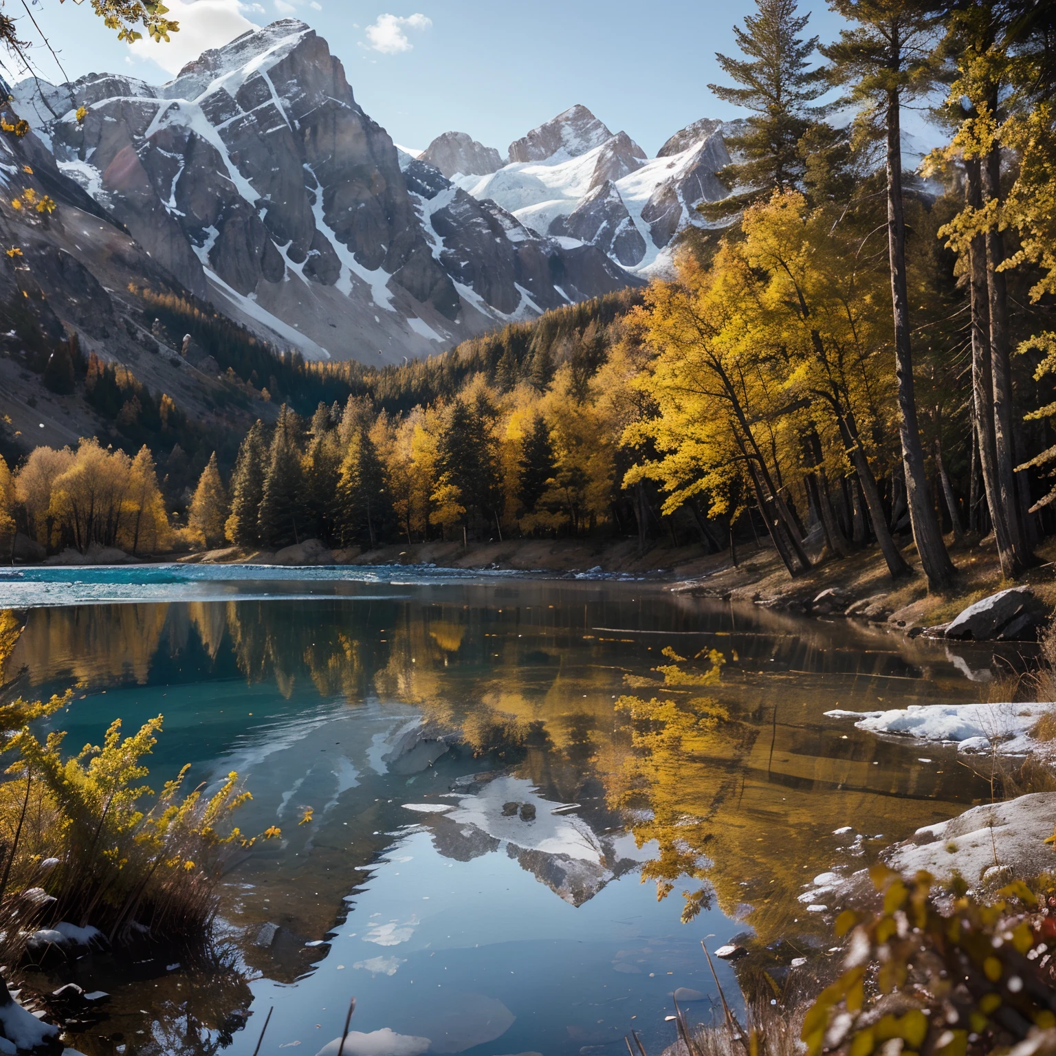 Please create a high-quality image with advanced levels of detail in a cinematic style, with realistic details. The scene should feature a landscape of snow-capped mountains, a glacier-blue lake, and some autumnal trees with yellow leaves.