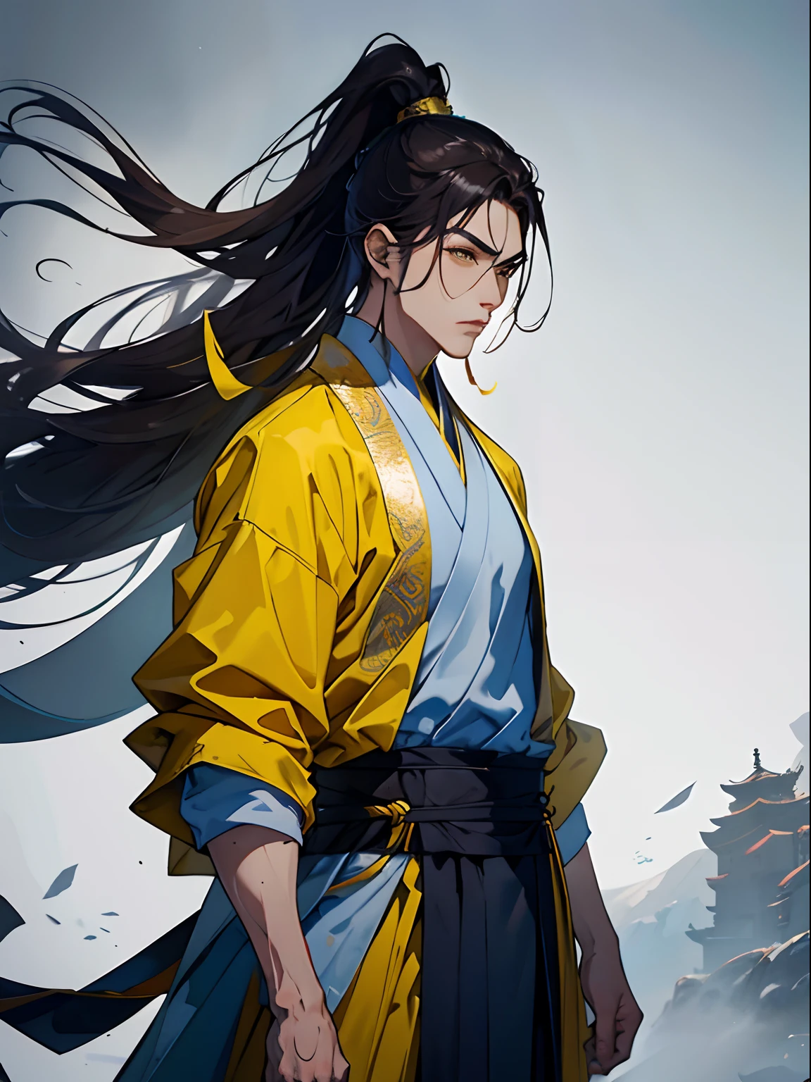 of a guy，Sect leader，Yellow main color picture，Yellow martial arts costume，Upper body portrait，Steady and temperamental，hair flowing，The background is an ancient landscape，Ultra-clear image quality，8k ultra high definition。