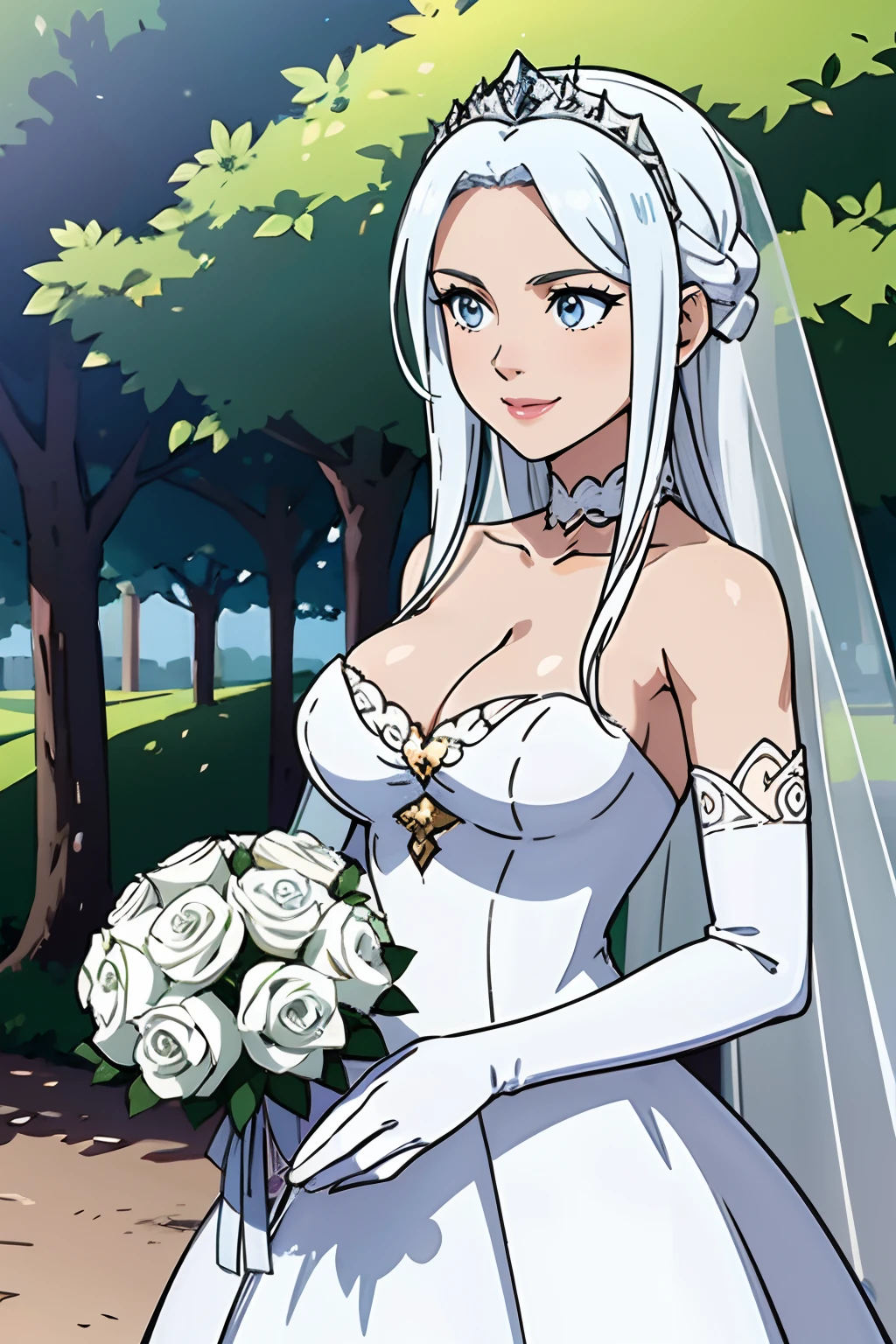 edelgard_academy,  hair between eyes, ahoge, white hair, star \(symbol\), hair ornament, dress, cleavage, bare shoulders, collarbone, long white elbow gloves, white gloves, white dress, white choker, strapless, tiara, veil, strapless dress, wedding dress, bridal veil, beautiful woman, perfect body, perfect breasts, wearing a wedding dress, ball gown, in the park trees, wedding decorations, a in love smile, realism, masterpiece, textured skin, super detail, high detail, high quality, best quality, 1080p, 16k