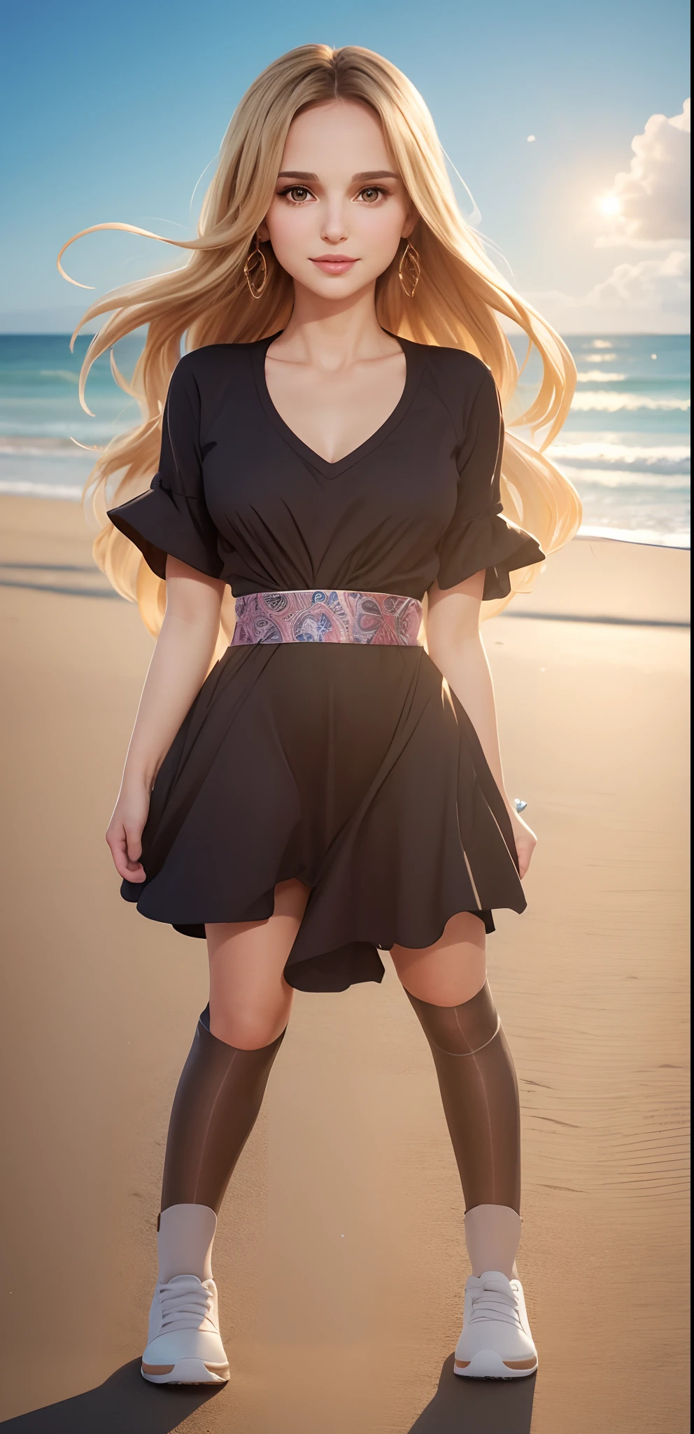 uo,flat vector art, ABBA singer,woman,beautiful anime style woman,Natalie Portman,(dark brown eyes),big smile,Blonde hair,flat colors,cute head,standing in the center of the view,,wide angle,epicted in a full body shot. She is the main focus of the image, capturing her elegance and beauty,clean detailed faces, intracate clothing, analogous colors, glowing shadows, beautiful gradient, depth of field, clean image, high quality, high detail, high definition, Luminous Studio graphics engine, cute face, slim waist, nice hips,walking on the sand on the beach,sunny day