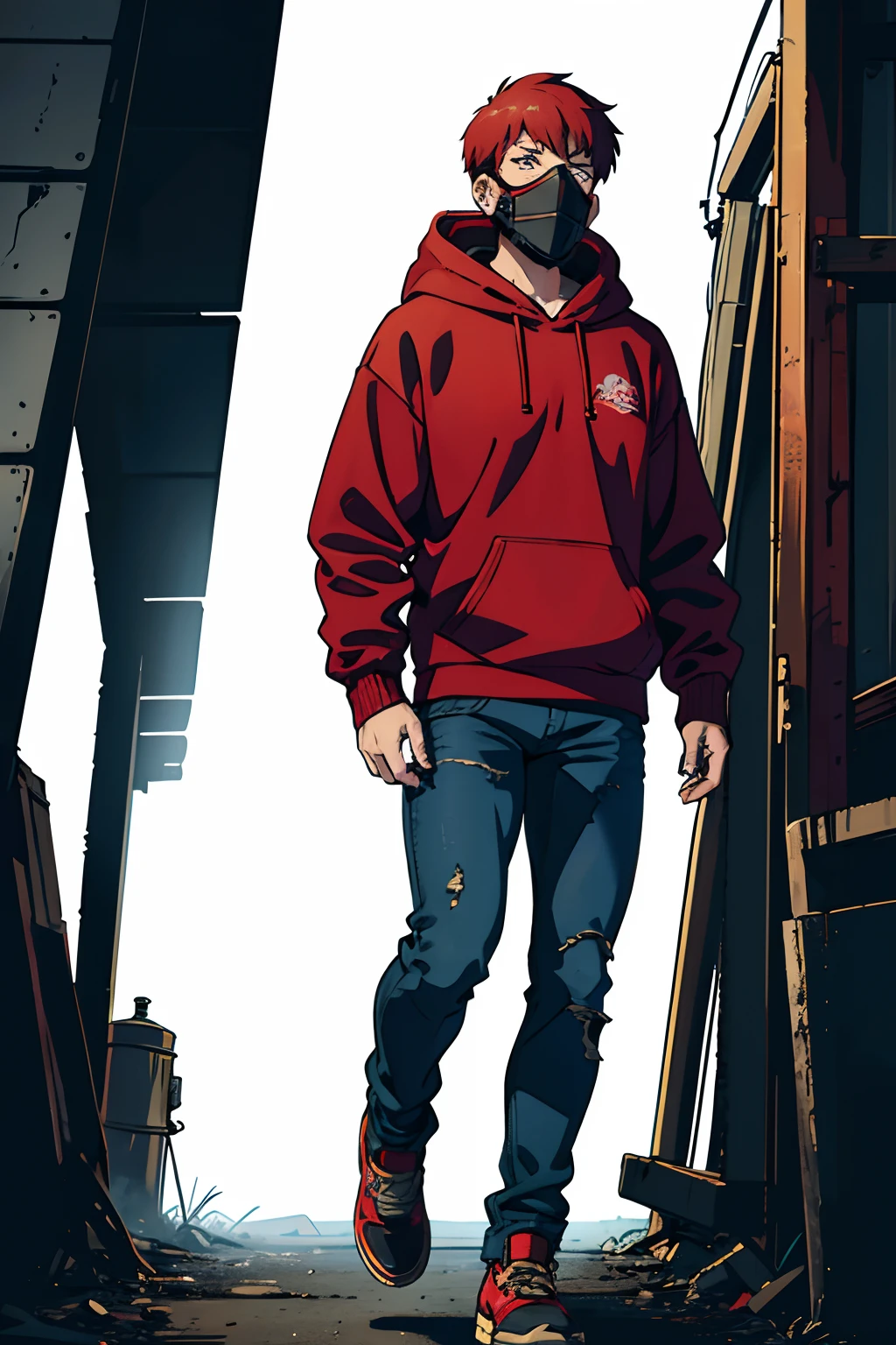 In the Apocalypse. A slightly muscular. 21 year old guy. Gas mask for toxic gas in the apocalypse. Big ear pieces covering ears. A Very dark black blue zip-up mesh long sleeve sweater-shaped over red hoodie. Blue jeans. Timberland shoes. Anime character. Ginger hair.