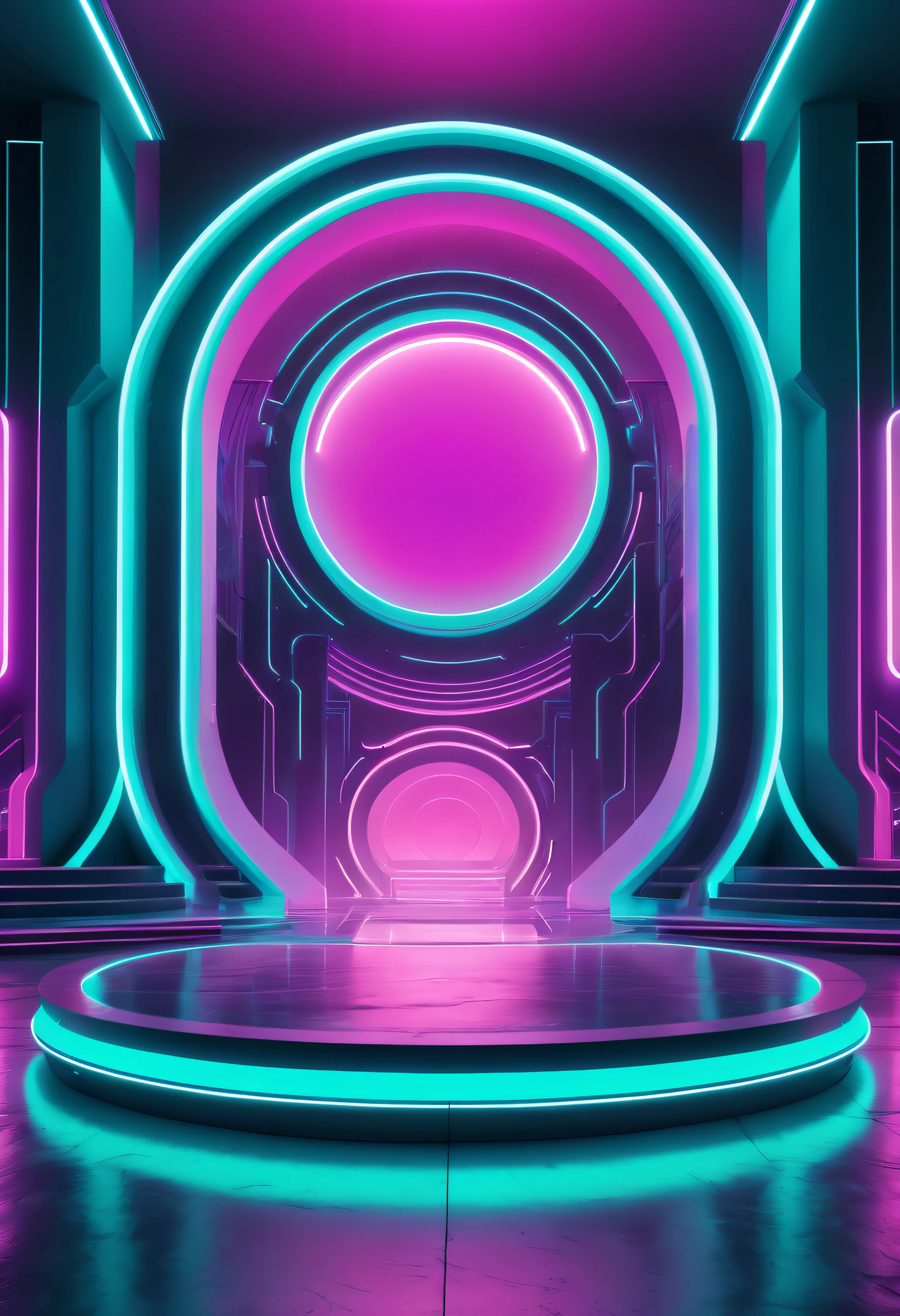 a futuristic scene with neon light,rounded,seapunk light,minimalist stage,detailed texture, turquoise and magenta