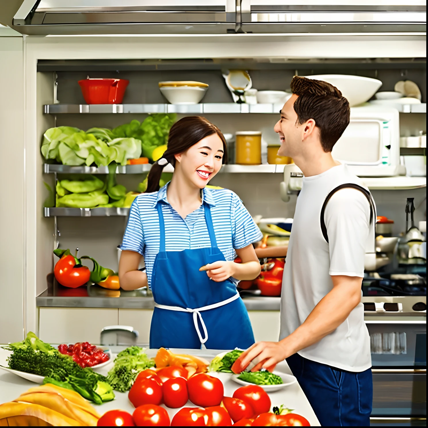 Man and woman in the kitchen, happy, vegetables on the table