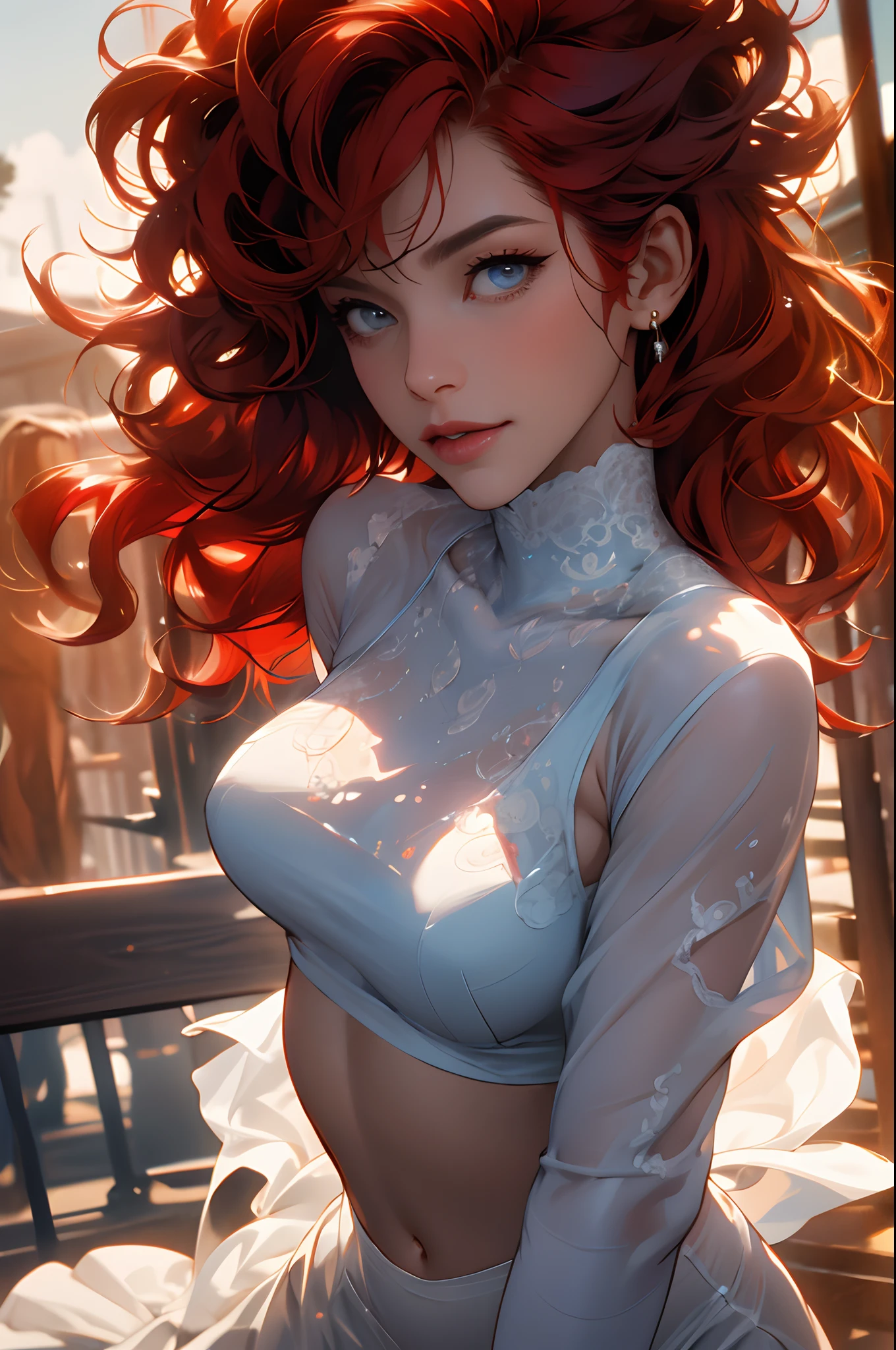 ((Realistic lighting, Best quality, 8K, Masterpiece: 1.3)), Clear focus: 1.2, 1girl, Perfect body beauty: 1.4, Slim abs: 1.1, ((Red hair, Milk: 1.3)), cowgirl pose, (Outdoor, daytime: 1.1), country street, super fine face, fine eyes, double eyelids, curly hair, fair skin, big breasts
