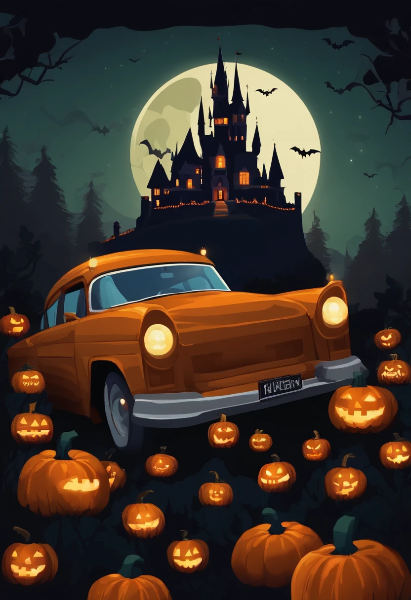 Pixel art car,halloween,The castle is centered,ln the forest,the night,the bats,pumpkins,filmposter,Masterpiece, Best quality, 8K wallpaper
