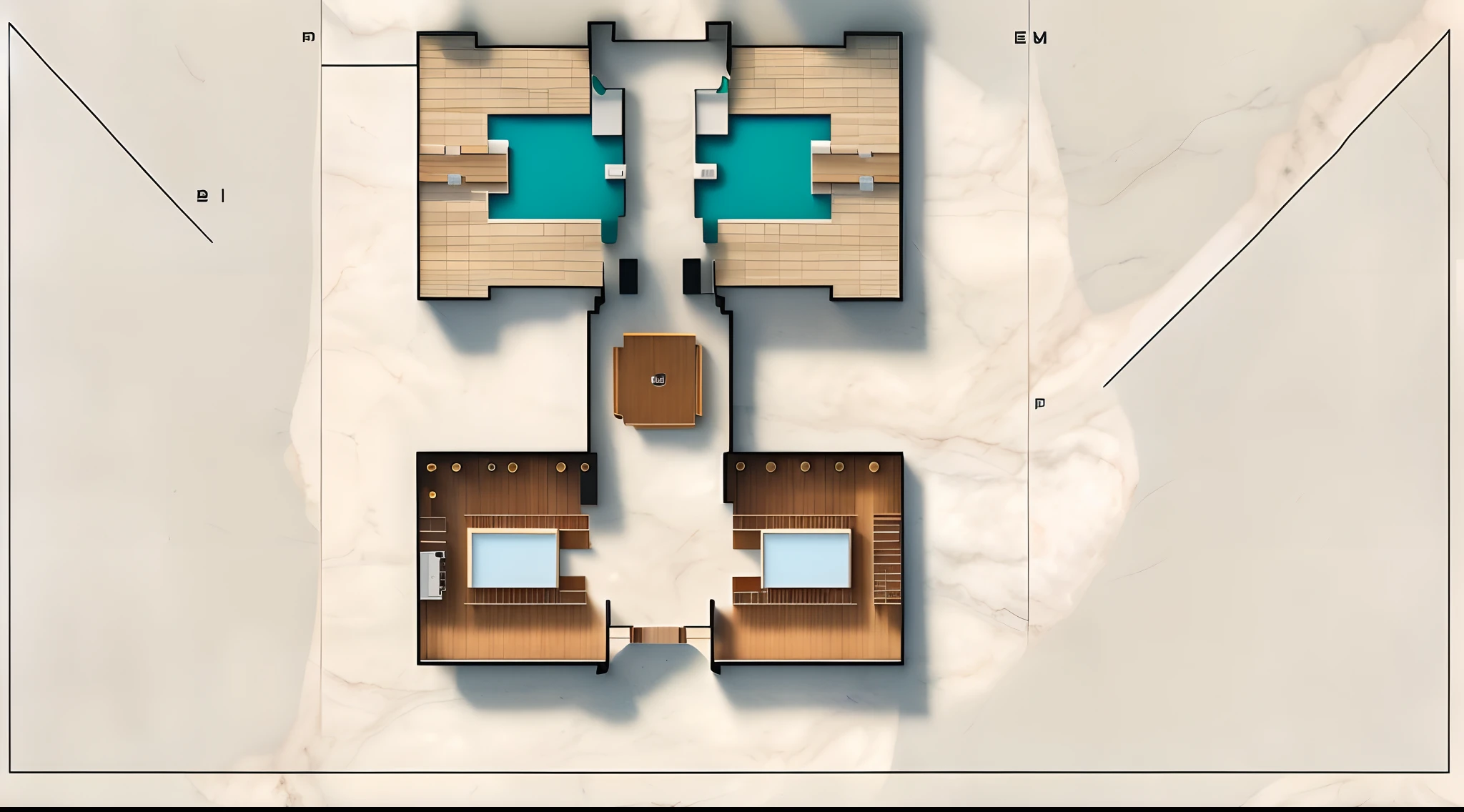 Panorama floor plan，Emphasize the marble texture of the floor，Installation creator，bauhaus photography，Hyperplane style，Danish art，Vibrant, colorful, randomly segmented rooms, layout of map,  plans, Diagram,mappa，8k，in a panoramic view
