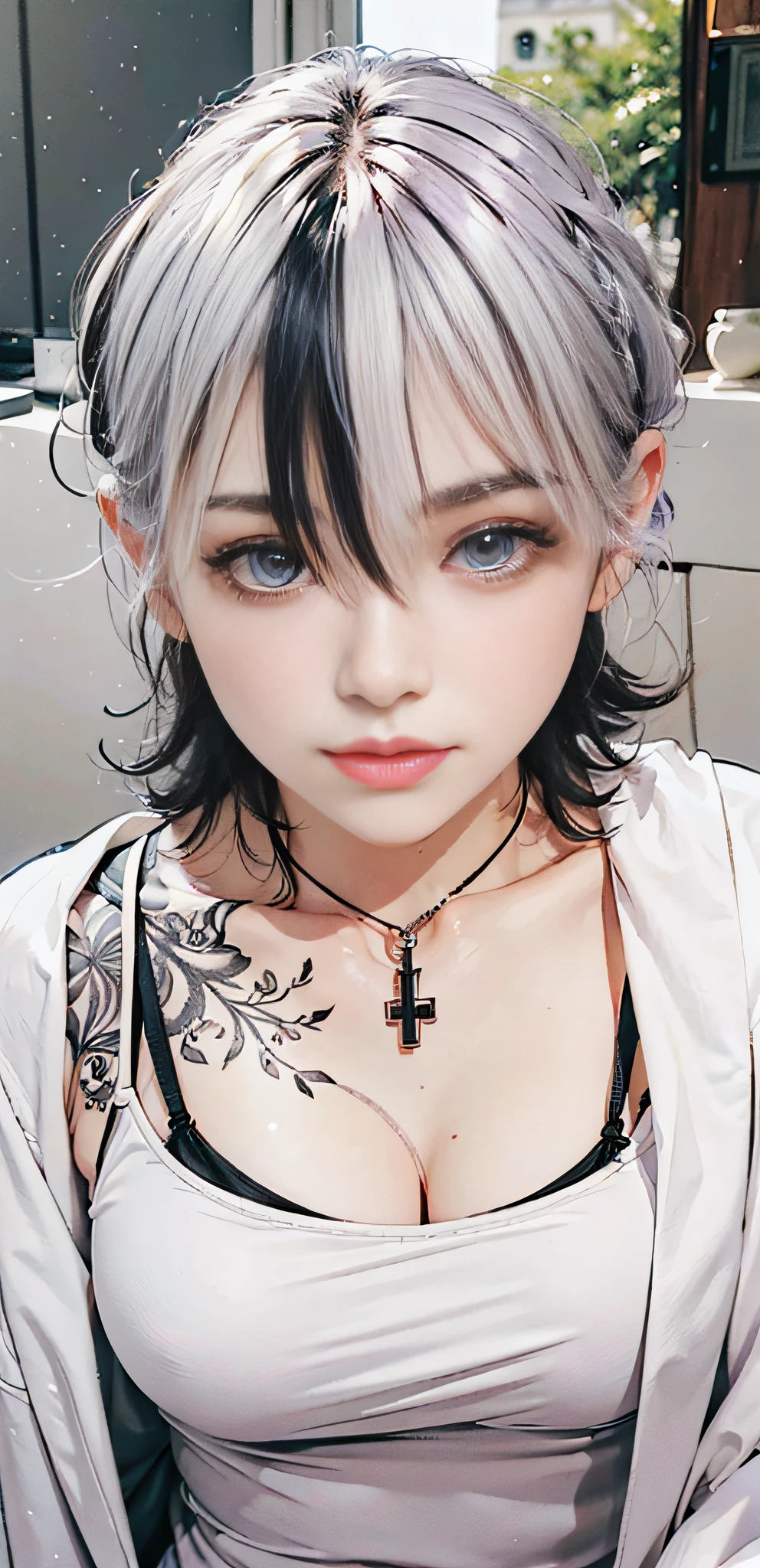 a close up of a woman with serious face, serious eyes, straight-faced, purple eyes and white hair and black hair, tattoos, inked and colored, beautiful eyes, purple eyes, beautiful haired girl high quality, white hair, mix hair, black hair, full body, (photorealistic:1.4), raw photo, 1girl, looking_at_viewer, makeup, solo, light smile,shadows, contrast, analog style (look at viewer:1.2) (skin texture) (film grain:1.3), (warm hue, warm tone:1.2), close up, cinematic light, sidelighting, ultra high res, best shadow, RAW, RAW photo, a 22-year-old, lipstick, soft lighting, high quality, ((soft lighting:1.4),(pale skin:1.4), highres, sharp focus, extremely detailed, (spotlight), stage, beautiful detailed eyes, masterpiece, cinematic lighting, dslr, Fujifilm XT3,