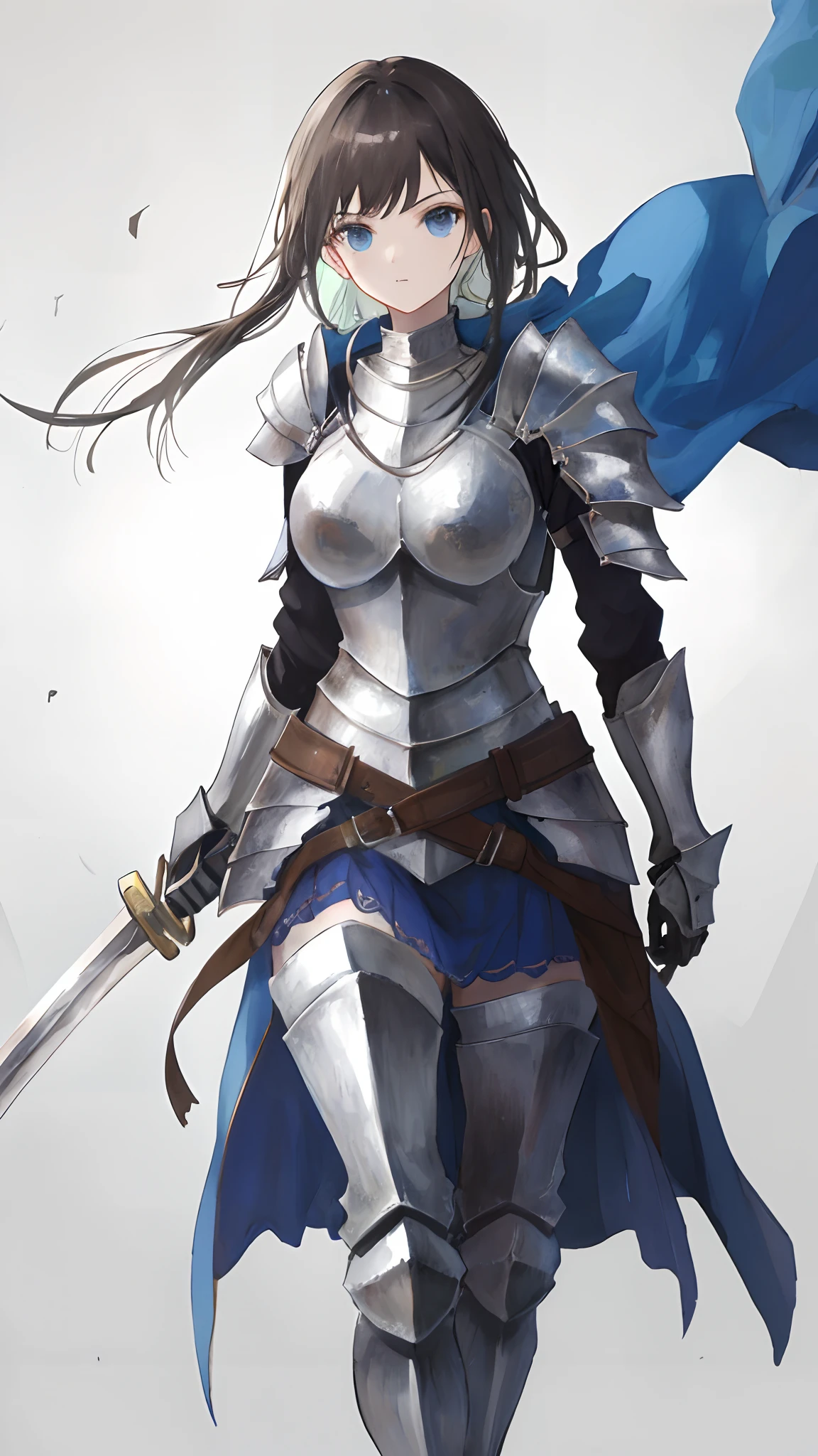 (best quality, highres), female knight, detailed armor, holding a sword, walking forward confidently, close-up shot