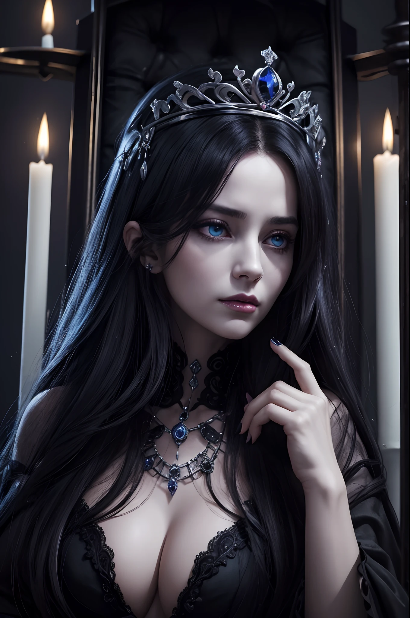 Black and blue tones、Hell、purgatory、candelabra、Mozart's Requiem、Mystical、horor、gotik、darkness、karo、badas、epidemic、ruler、Pitch Black Darkness、hopelessness、lamentation、oppression、nothingness、intense cold、Black Ghost、Adult female mature woman in her 40s、a throne、Queen of the Dead、Persephone、lilith、hades、Greatest Awe、Immortal、draconian、dignity、Awe-inspiring Hall々、Proud、noble、dignity、solemnity、Bewitching、Chaste and lascivious cohabitation、hatred、obsession、jewely、ruthless、greed、Lack of warmth、3-point live method、Oil Painting、Best Quality、hight resolution、foco nítido、Perfect Angle、perfect-composition、From Side、Portrait of Queen D,Highly detailed footage of the Queen of the Dead,Stunning portrait of the Queen of the Exparted,Portrait of the Queen of the Dead,Full body close-up of the Queen of the Dead