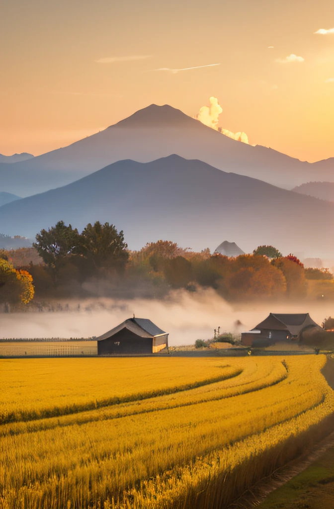 Golden mountains，Autumn harvest of rice，Autumn，In the distance, cooking smoke rises from the house，There is a creek，Wheat fields nearby，A farmer walked towards his home，Photographic composition，Landscape art illustration，Suitable for packaging design