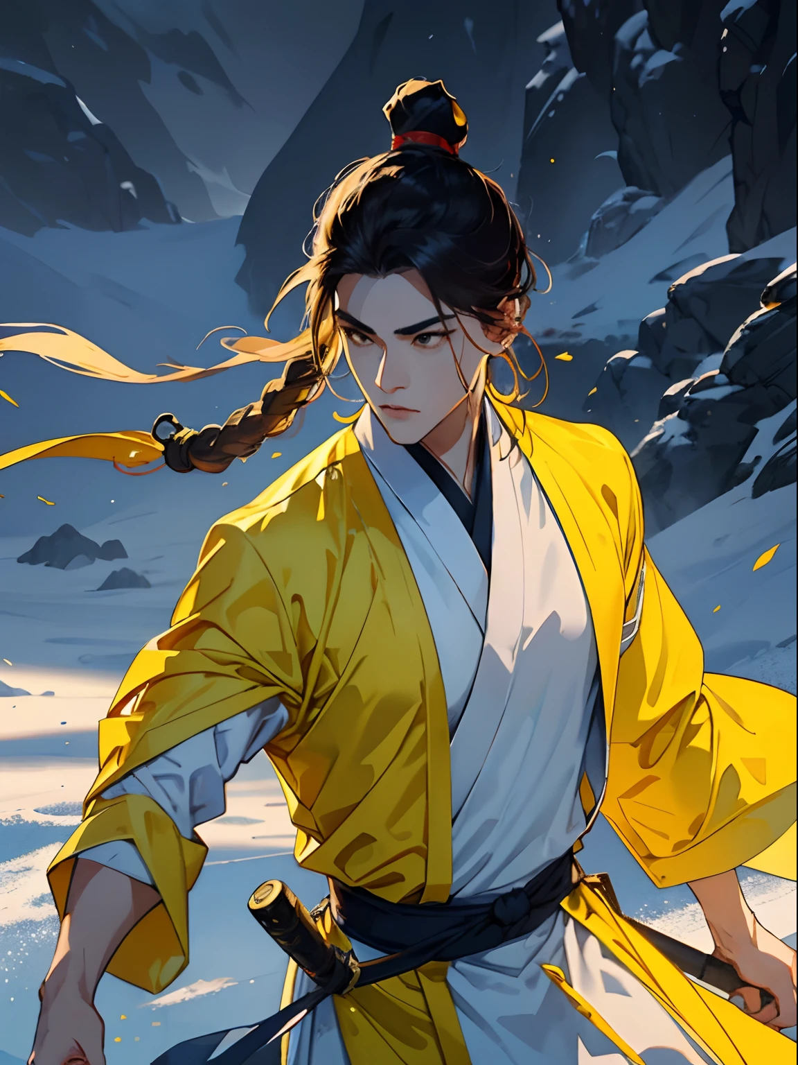 of a guy，Sectarian leaders，Yellow main color picture，Yellow martial arts costume，Upper body portrait，Steady and temperamental，hair flowing，The background is an ancient landscape，Ultra-clear image quality，8k ultra high definition。