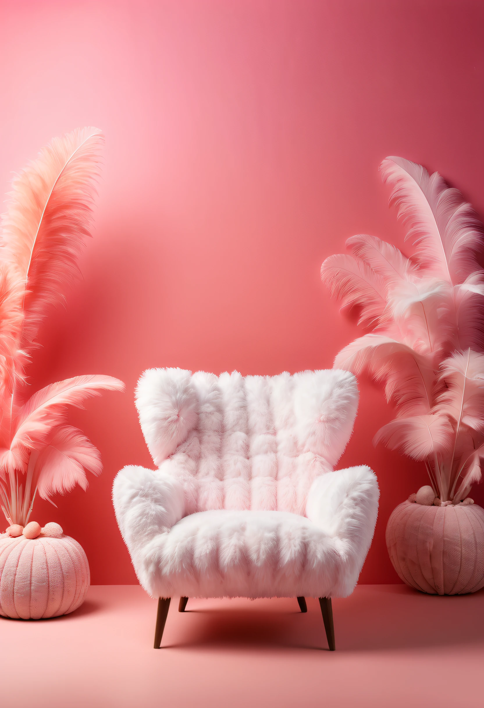 furniture design, armchair, fluffy, white feathering texture, smooth or slightly wavy, studio backdrop, abstract pink coral gradient background empty space, product display, front, 50mm, photography, high quality, realistic,clamshell lighting, 8k
