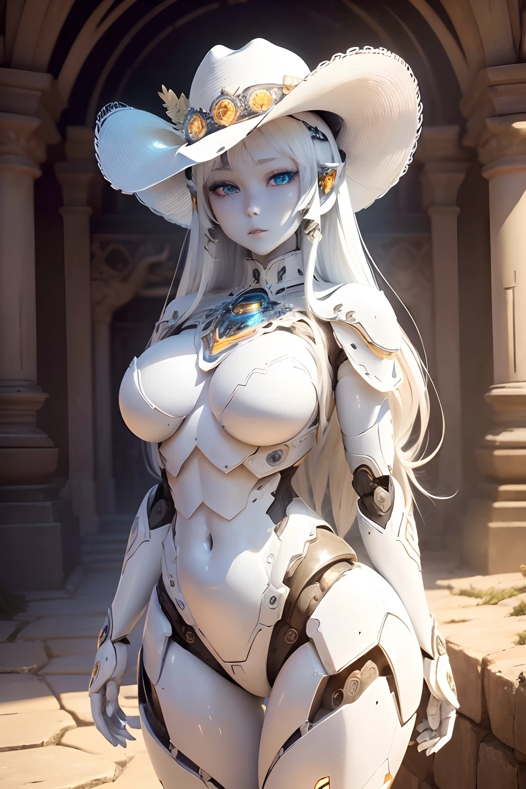 (Cowboy shot:1.2),(Wide Angle Shot), (Long Shot:1.3), (Intricate details:1.4), (Masterpiece) , ((Anime Robot, Beautiful Golem, ((White Skin)), Angel, 1girl, Magic)), (Perfect Aesthetic Eyes:1.3) , (Detailed Eyes) , (Halo:1.2) , (Elden ring:1.3), (Mechanica...