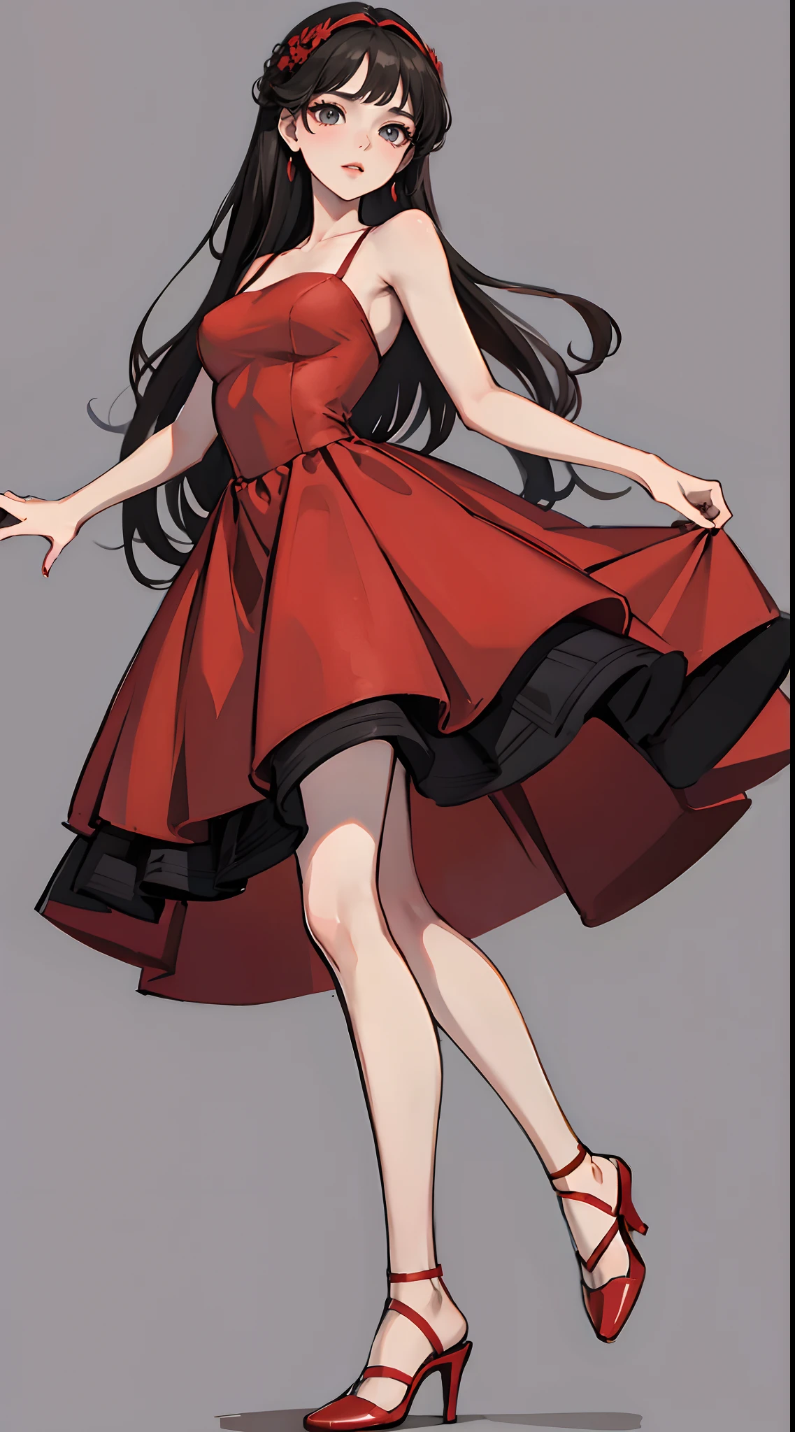 Red dress，shift dresses，Beautuful Women，Stand head-on，full bodyesbian，shoe，greybackground