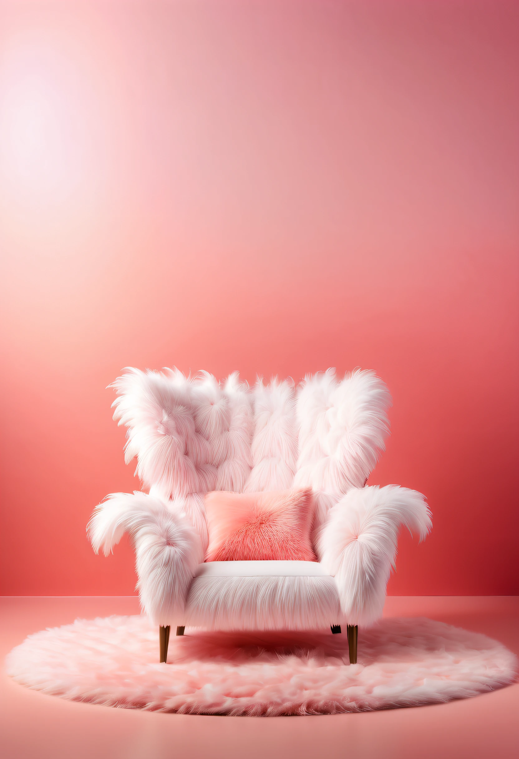 furniture design, armchair, fluffy, white feathering texture, smooth or slightly wavy, studio backdrop, abstract pink coral gradient background empty space, product display, front, 50mm, photography, high quality, realistic,clamshell lighting, 8k