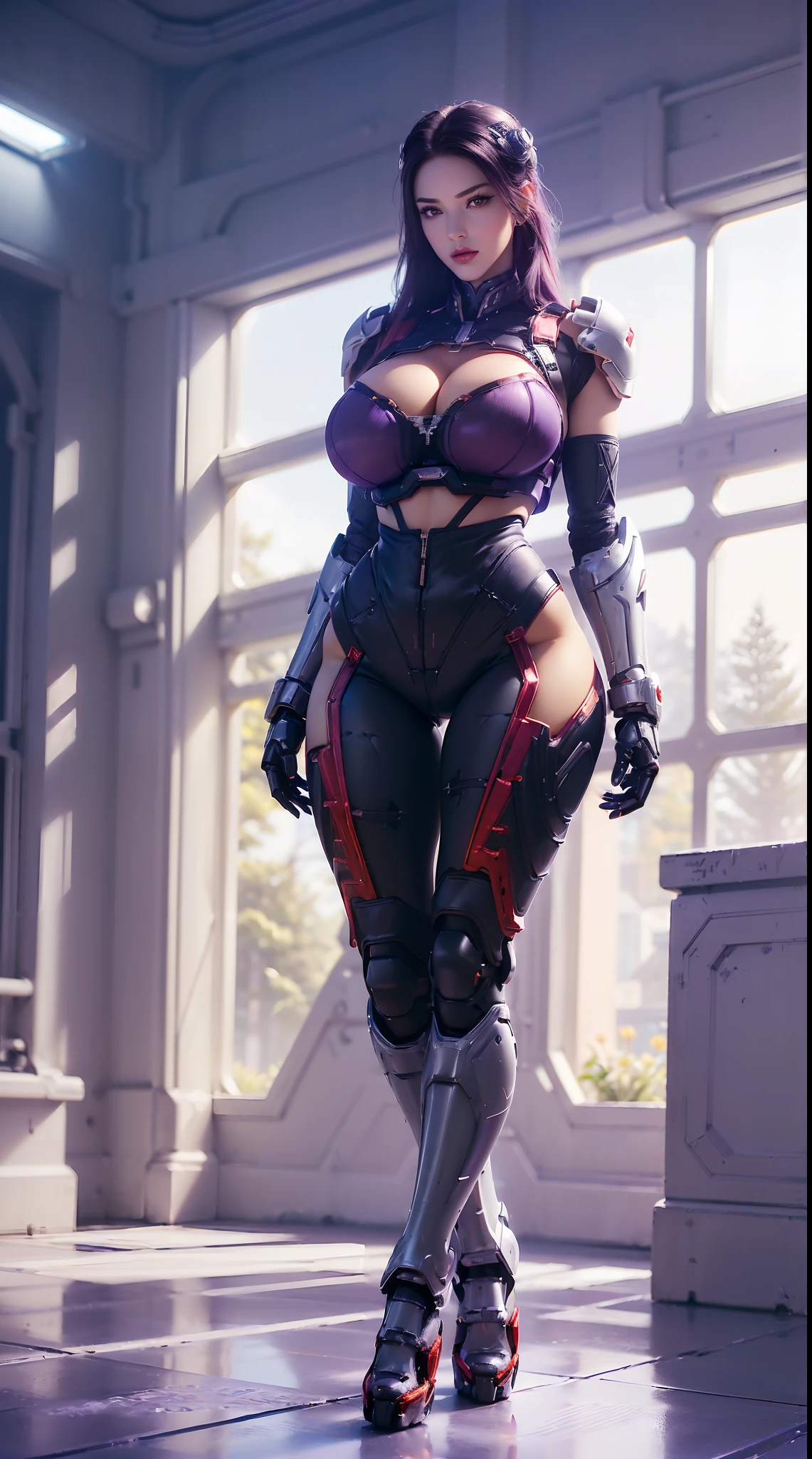 (Devouring the Starry Sky), (1GIRL,SOLO:2), (super detailed face), ((BIG BUTTOCKS, HUGE FAKE BREASTS:1.5)), (CLEAVAGE TOP:1.5), (11 LINE ABS FEMALE:1.4), (MECHA GUARD ARM:1.4), ((WEAR PURPLE RED OVERWATCH MECHANICAL ARMOR CROP TOP, BLACK MECHANICAL SKINTIGHT SUIT PANTS, MECHA GUARD ARMOR LEGS, HIGH HEELS:1.5)), (LEWD VOLUPTUOUS BODY:1.3), (GLOWING SKIN:0.8), (LONG LEGS, FULL BODY:1.1), (LOOKING AT VIEWER:1.3), (female focus:0.886), (WALKING DOWN HALLWAY OF FUTURISTIC SPACE STATION:1), (BRIGHT LIGHT WHITE_ROOM:1.3), SUPER TEXTURE, UNREAL ENGINE RENDER, PHYSICALLY-BASED RENDERING, ULTRA HIGHT DEFINITION, 16K, 1080P.