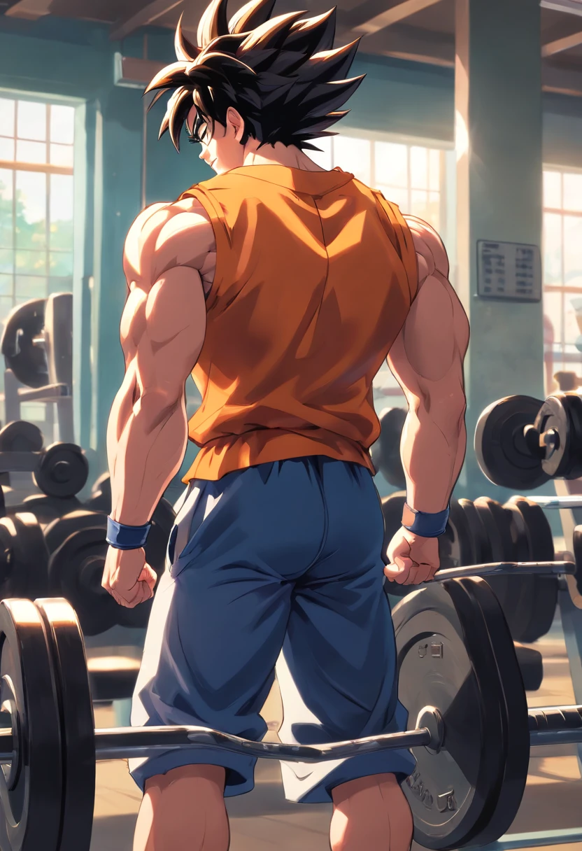 A detailed drawing of Son Goku biceps training intensely in a bodybuilding gym. from behind with an extremely large and round booty