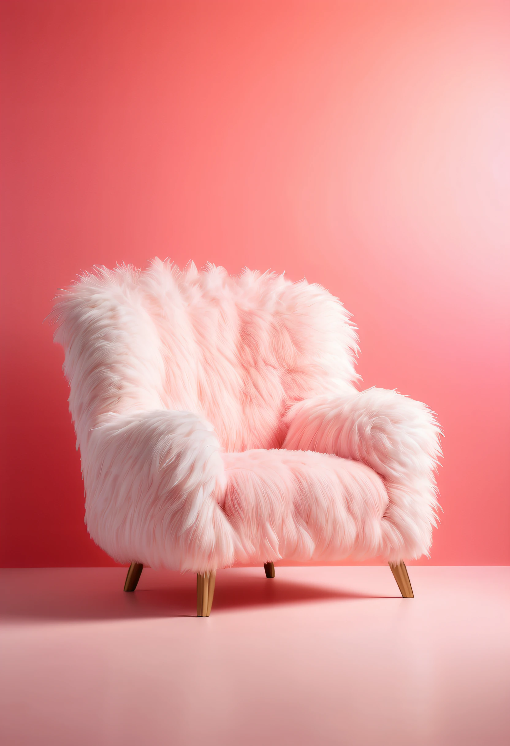 furniture design, armchair, fluffy, white feathering texture, smooth or slightly wavy, studio backdrop, abstract pink coral gradient background empty space, product display, front, 50mm, photography, high quality, realistic,clamshell lighting, 8k